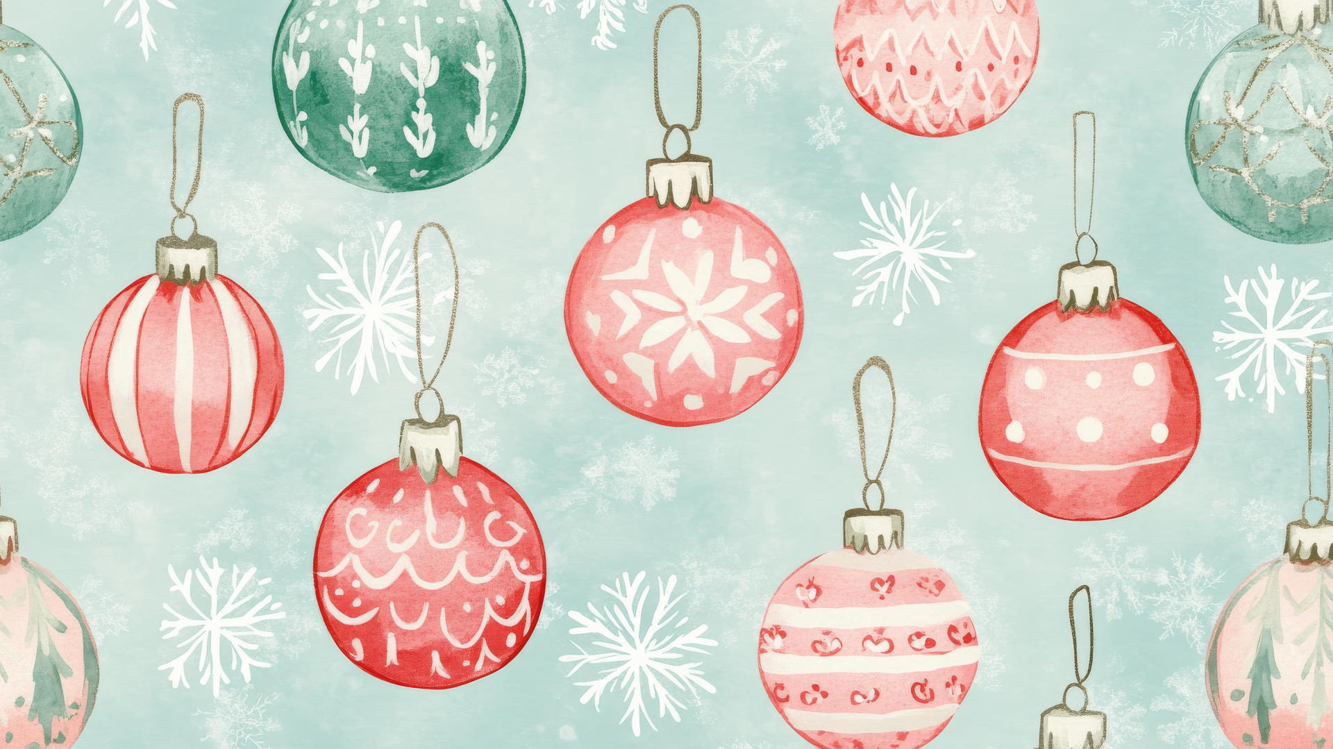 preppy wallpaper christmas with vintage-style pastel ornaments, snowflakes, and tinsel accents