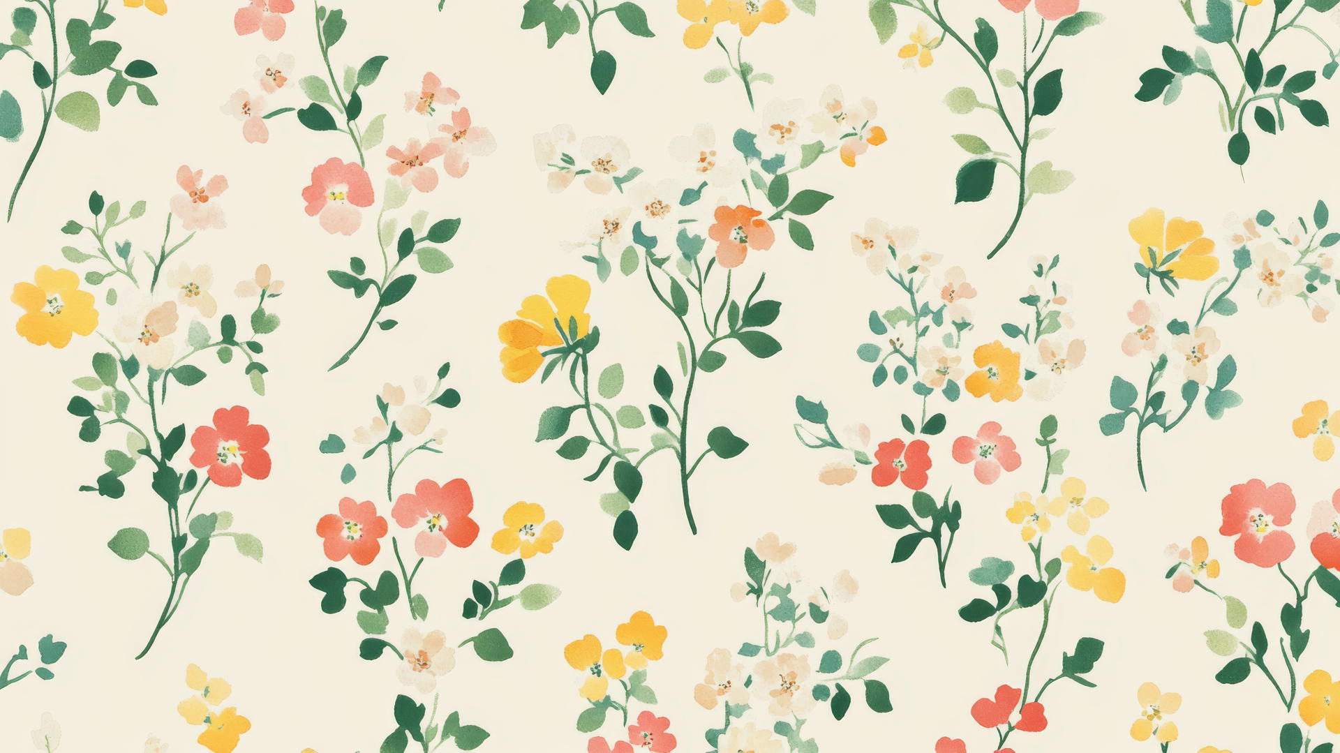 Seamless pattern of small colorful flowers in pastel watercolor on cream for preppy wallpaper
