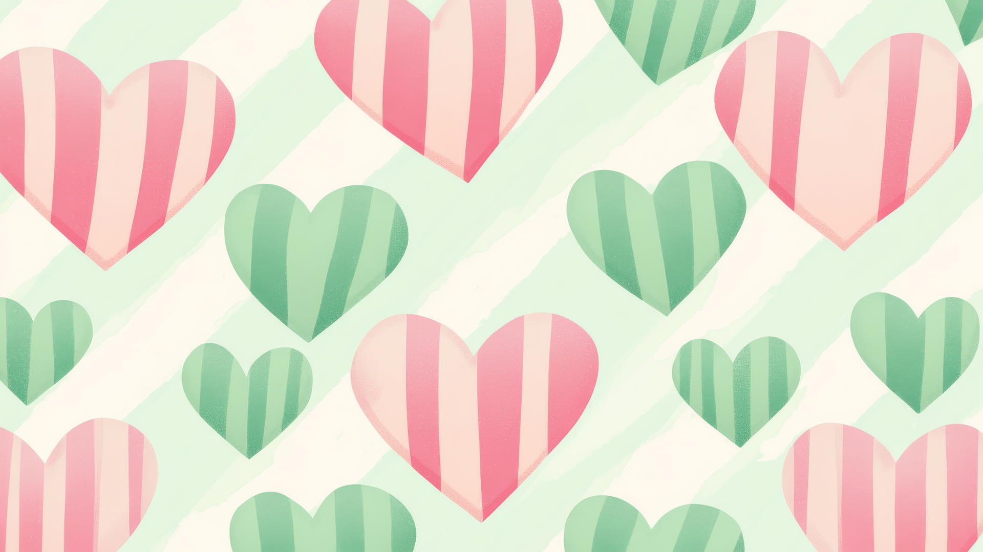 preppy wallpaper with pink and green striped hearts on a mint background
