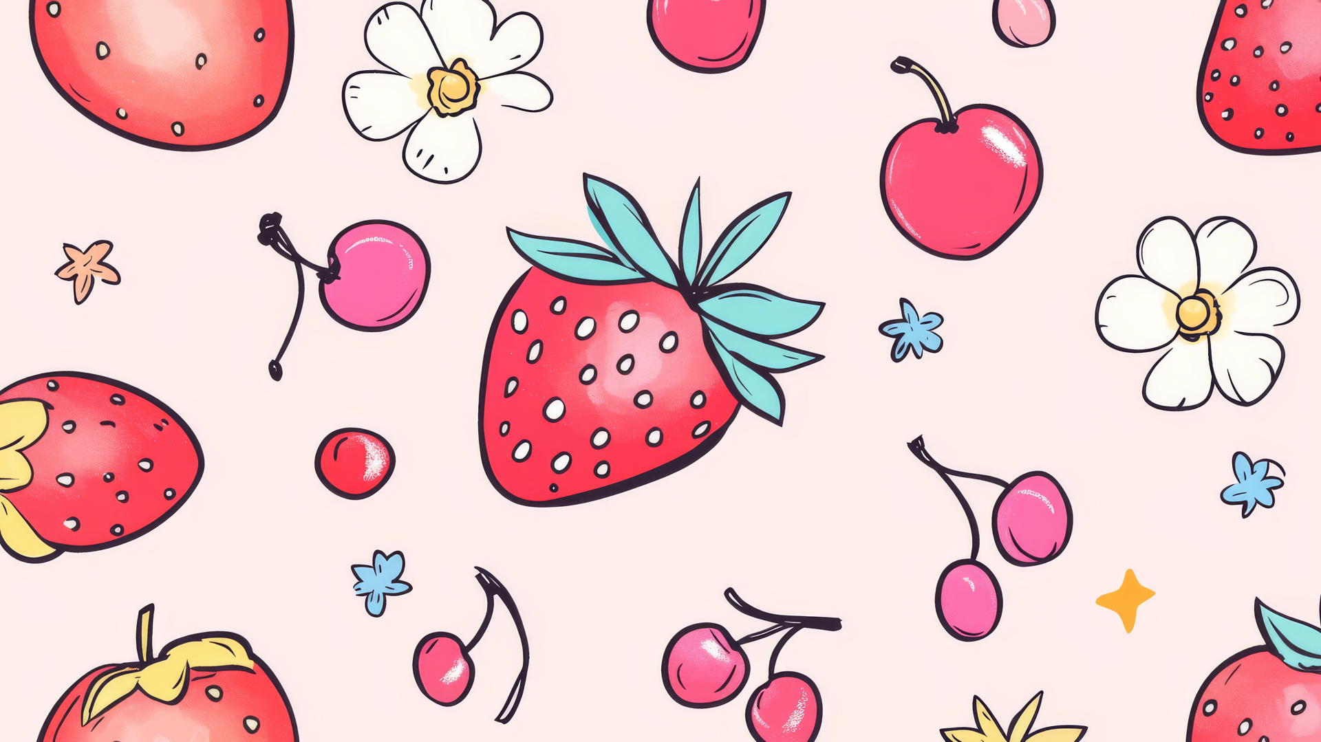 preppy wallpaper with cute doodles of strawberries, cherries, and flowers on light pink background