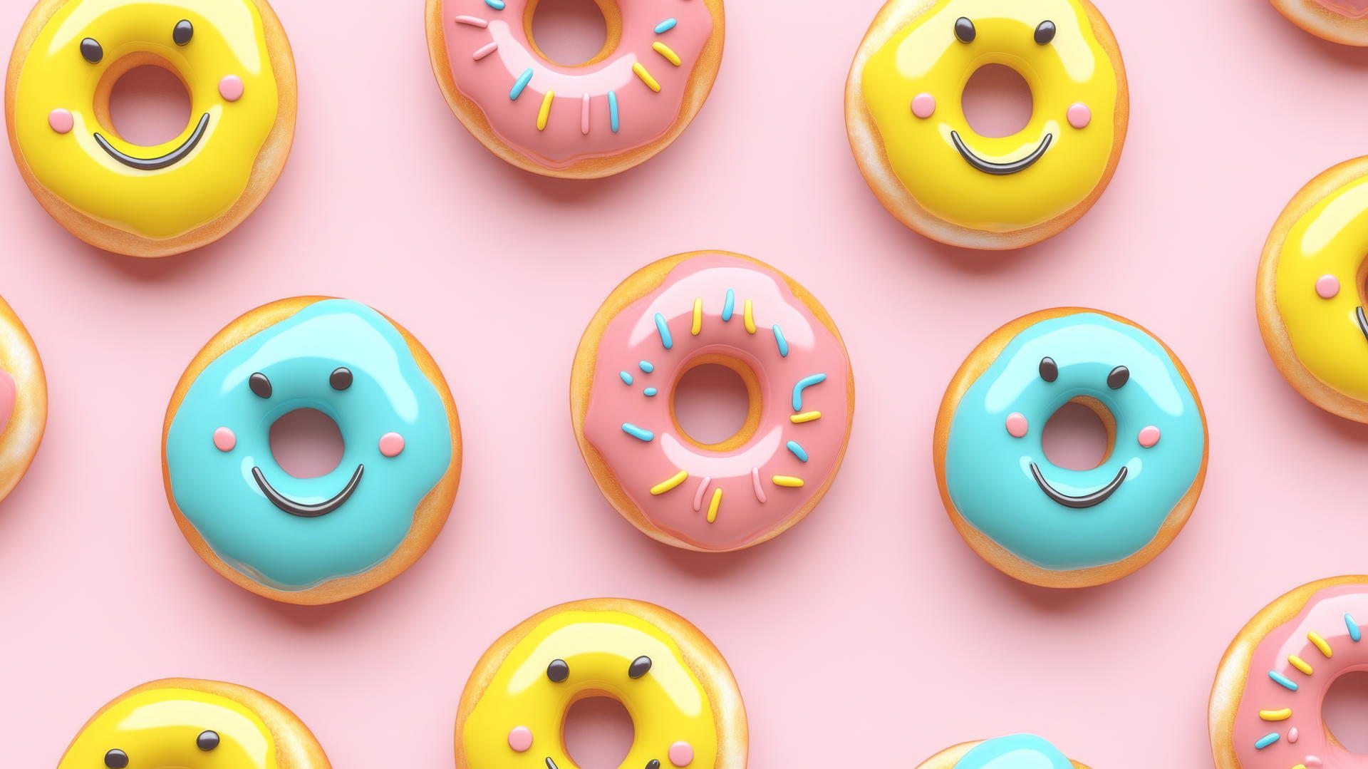 Preppy wallpaper with smiley face donuts, colorful glazes, pink background