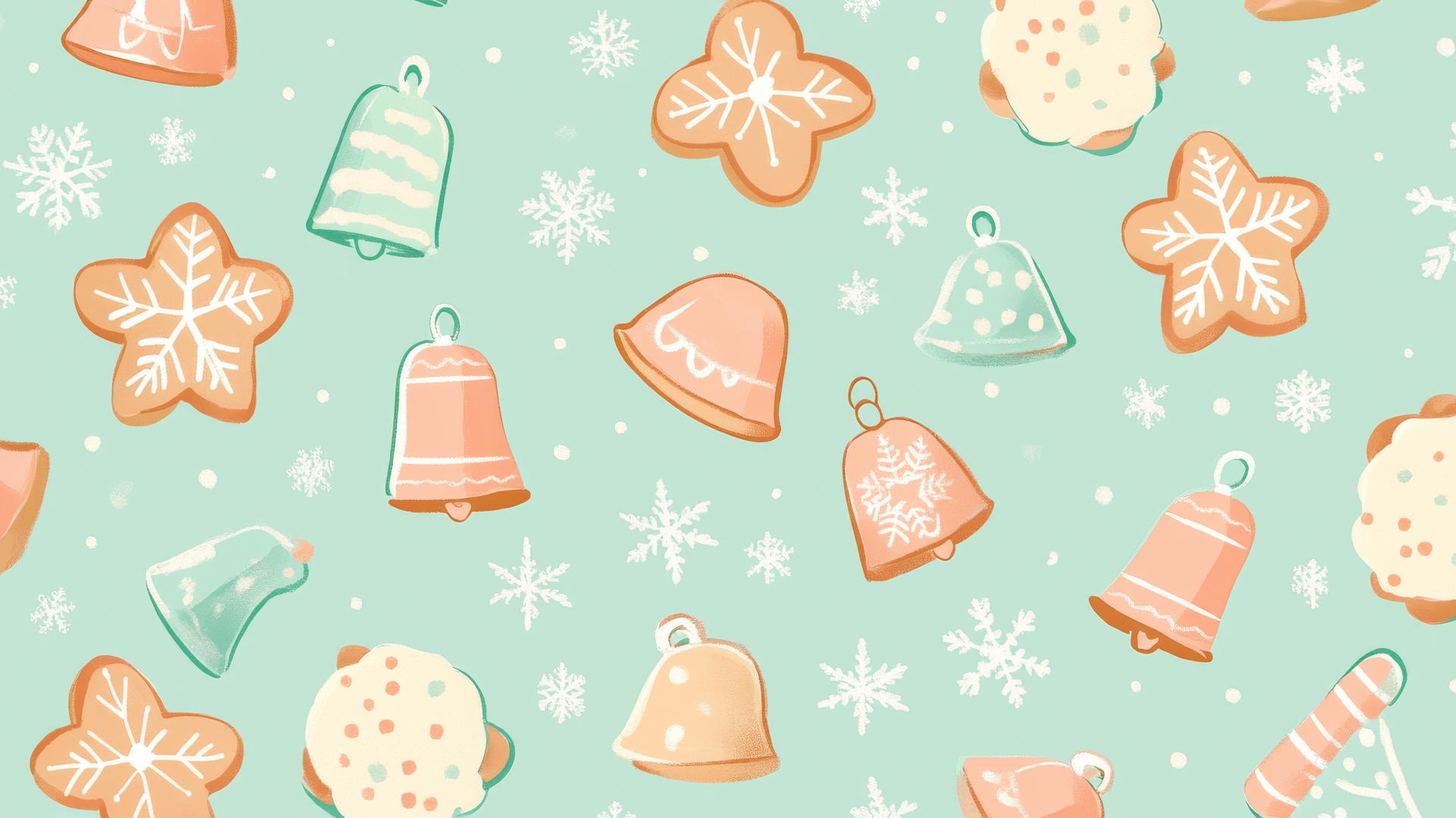Preppy Christmas wallpaper with pastel cookies and bells