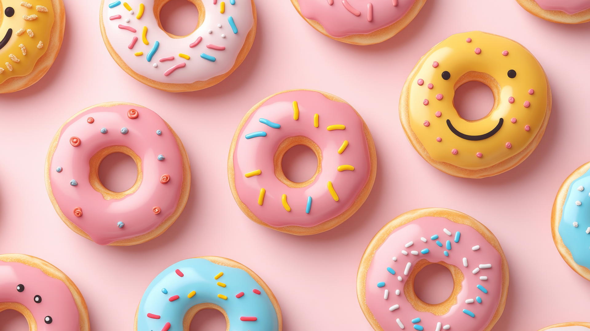 pink preppy wallpaper with smiley face donuts and colorful glazing