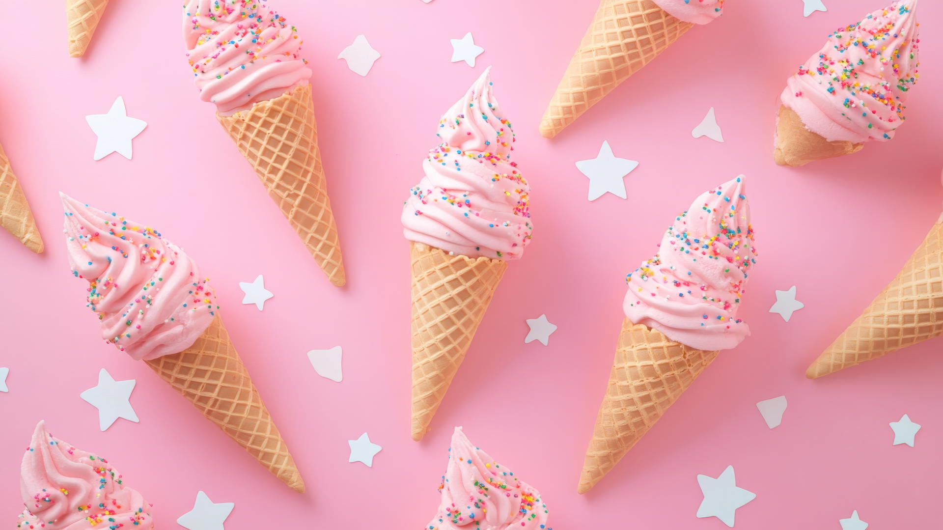preppy pink wallpaper with playful pink ice cream cones, sprinkles, white stars