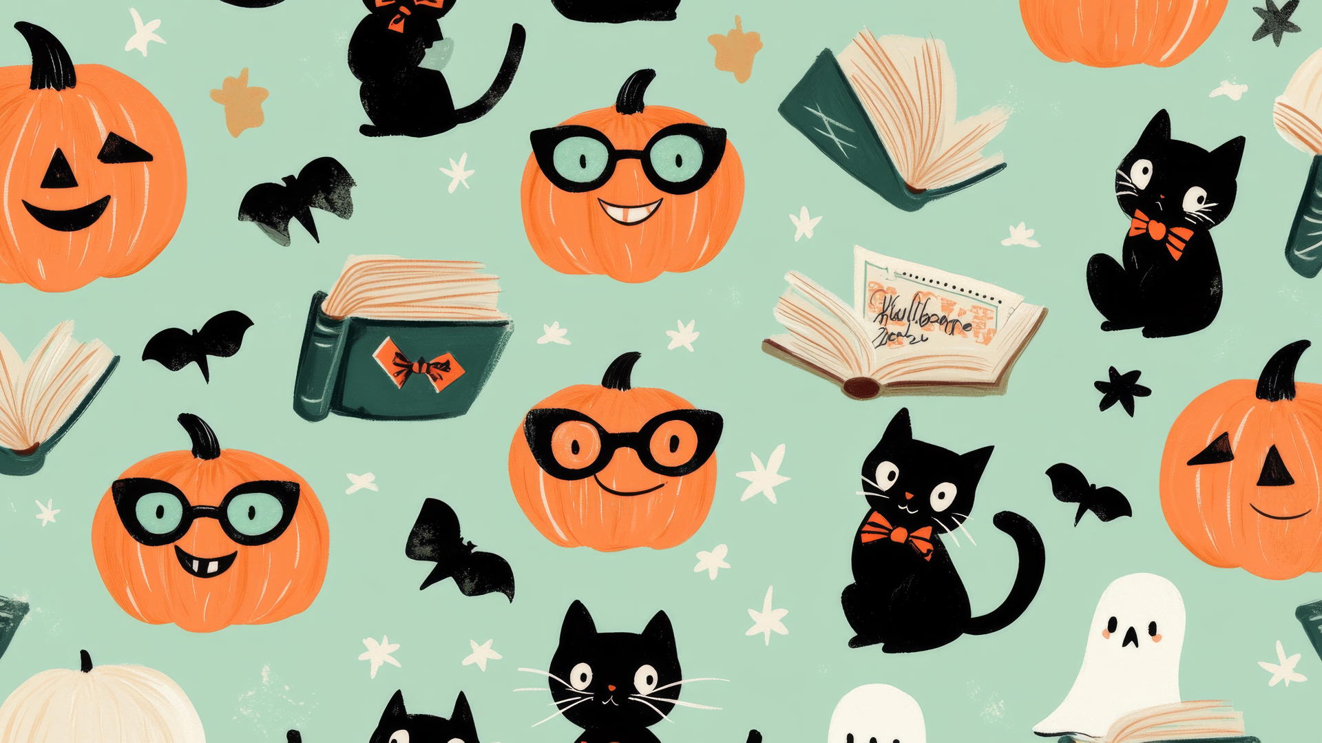 Halloween preppy wallpaper with pumpkins in glasses, ghosts with books, and cats in bow ties