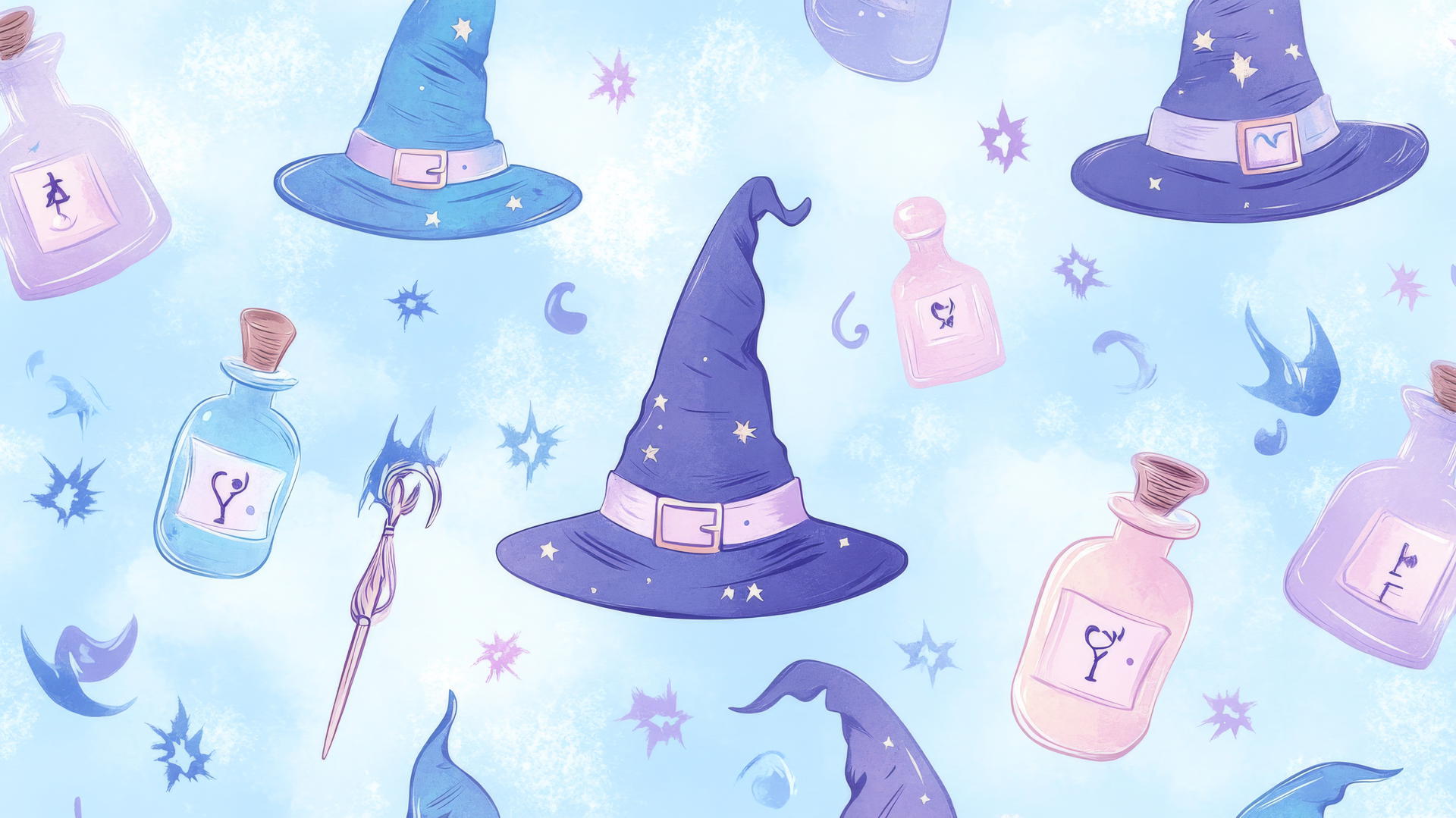 halloween preppy wallpaper with pastel witches' hats, potion bottles, magical wands on sky blue