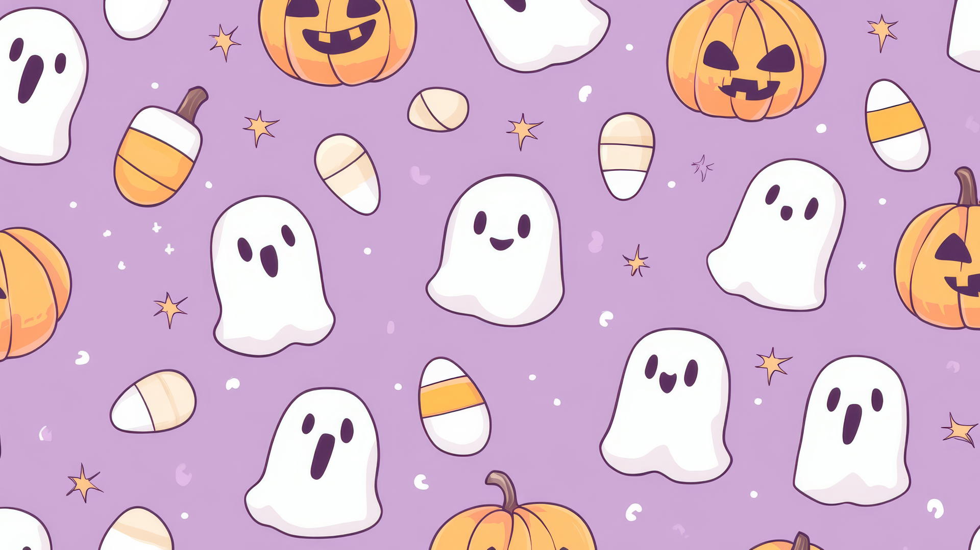 preppy wallpaper halloween with cute ghosts, pumpkins, and candy corn on lavender