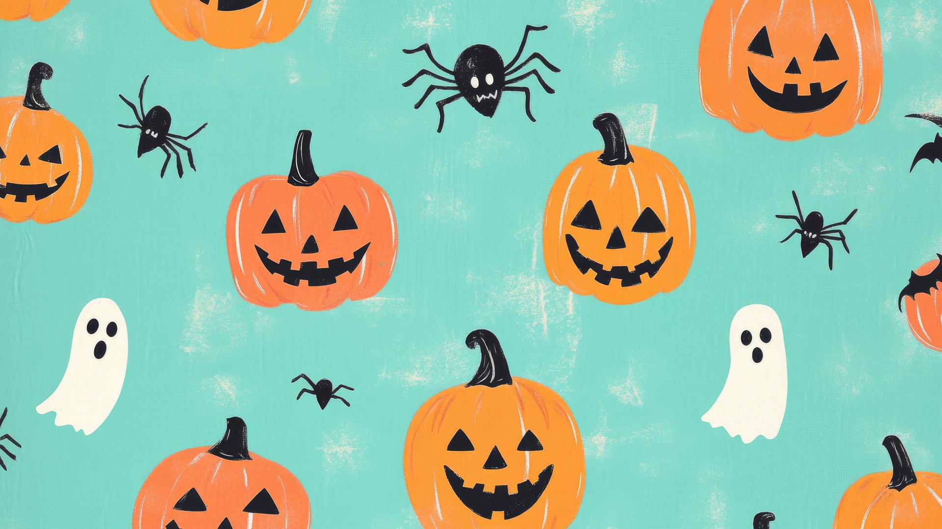 preppy wallpaper halloween with smiling jack-o'-lanterns, spiders, and ghosts on pastel teal