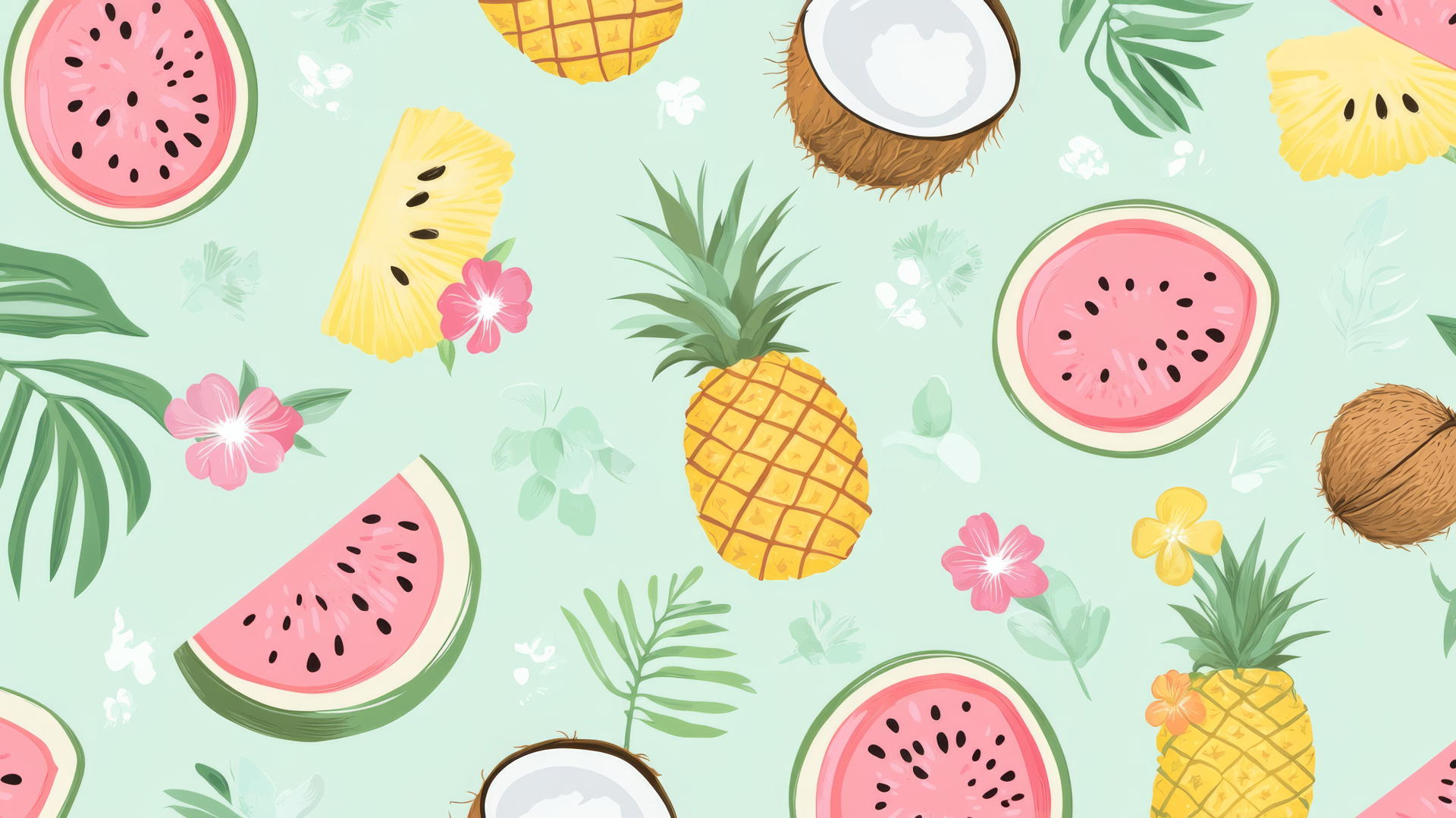 Preppy summer wallpaper with pastel tropical fruits and palm leaves on a light green background