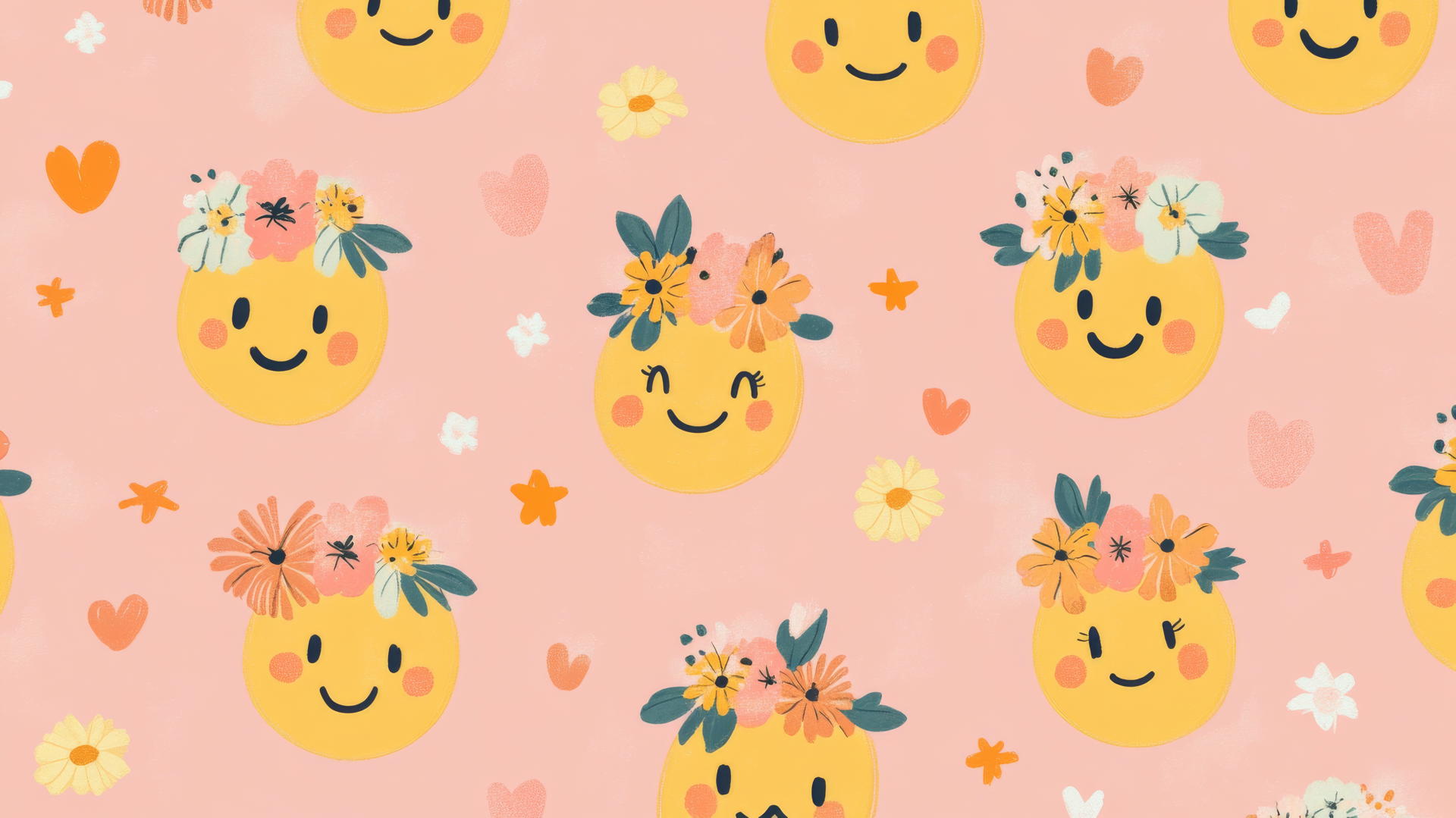 preppy wallpaper smiley face with flower crowns on pastel pink background