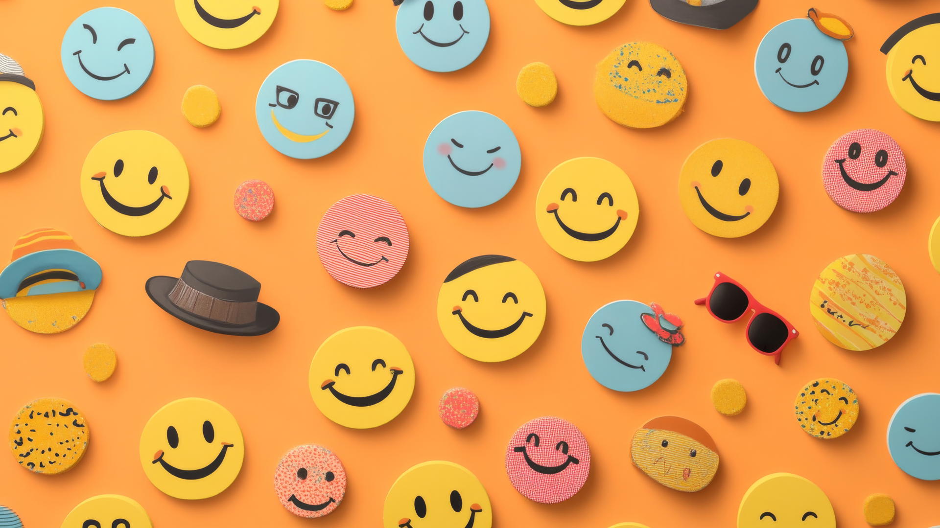 preppy wallpaper smiley face with hats and accessories on pastel orange background