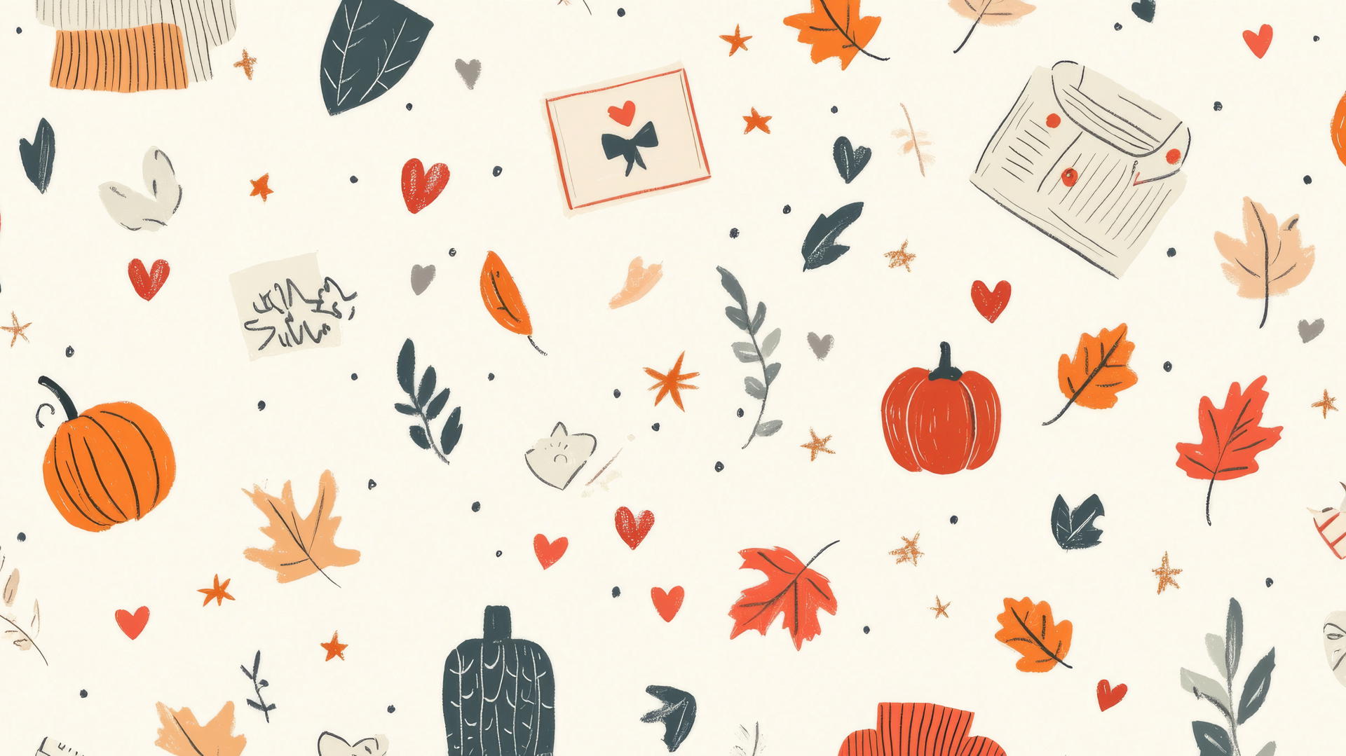 preppy fall wallpaper with hand-drawn postcards of leaves, pumpkins, sweaters, hearts, and stars on cream background