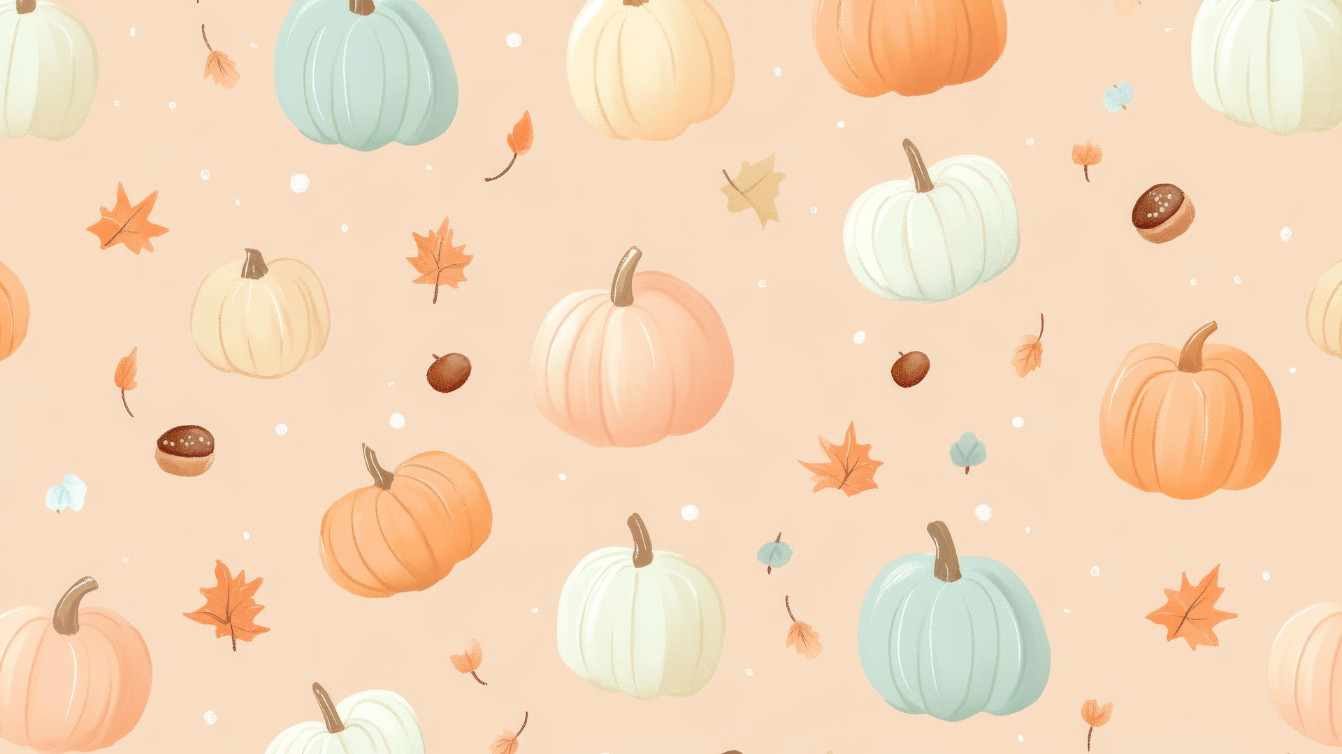 preppy fall wallpaper with cute cartoon pumpkins, gourds, leaves, and acorns