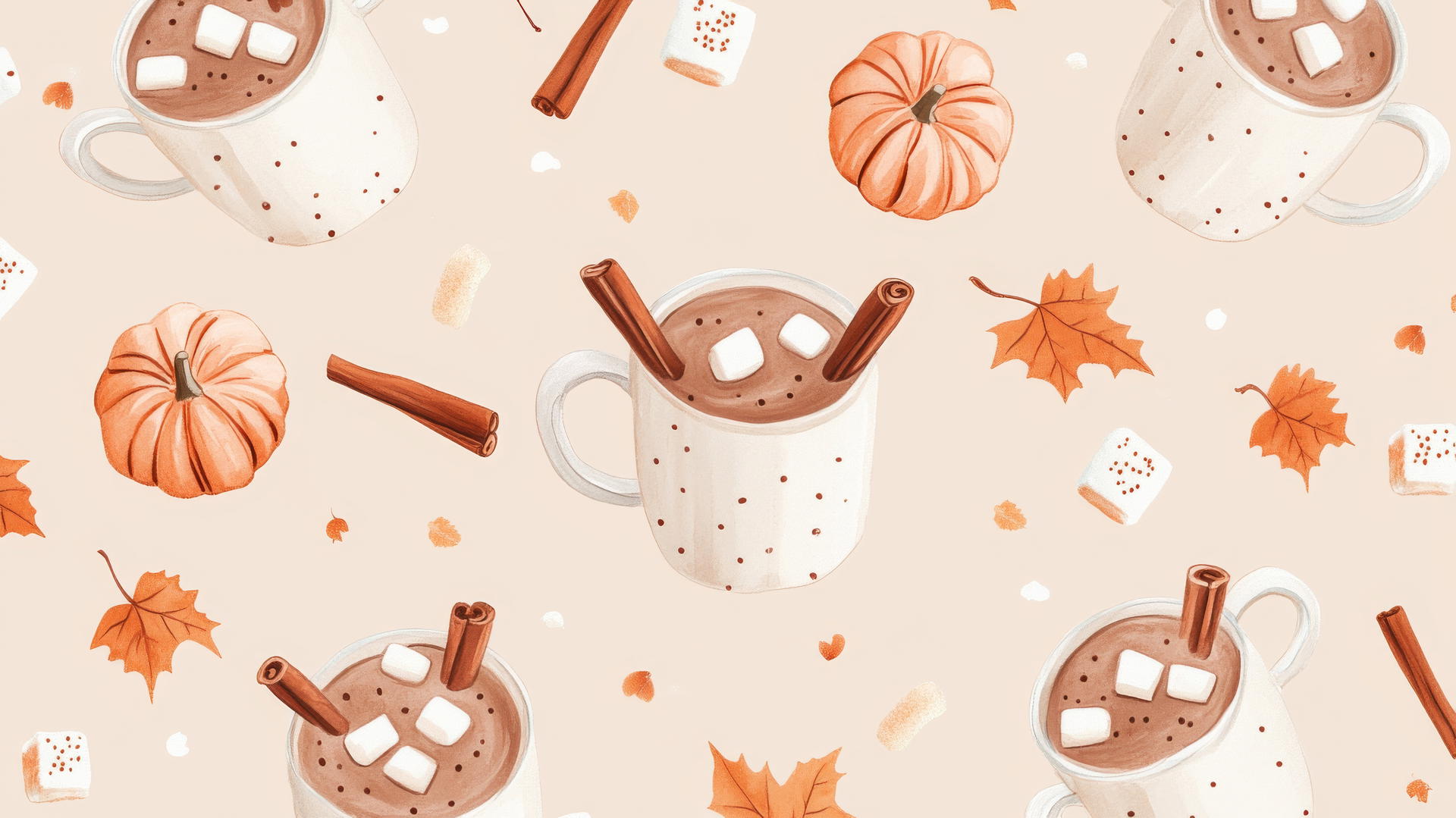 preppy fall wallpaper with pastel hot cocoa mugs, marshmallows, and cinnamon sticks on light brown background