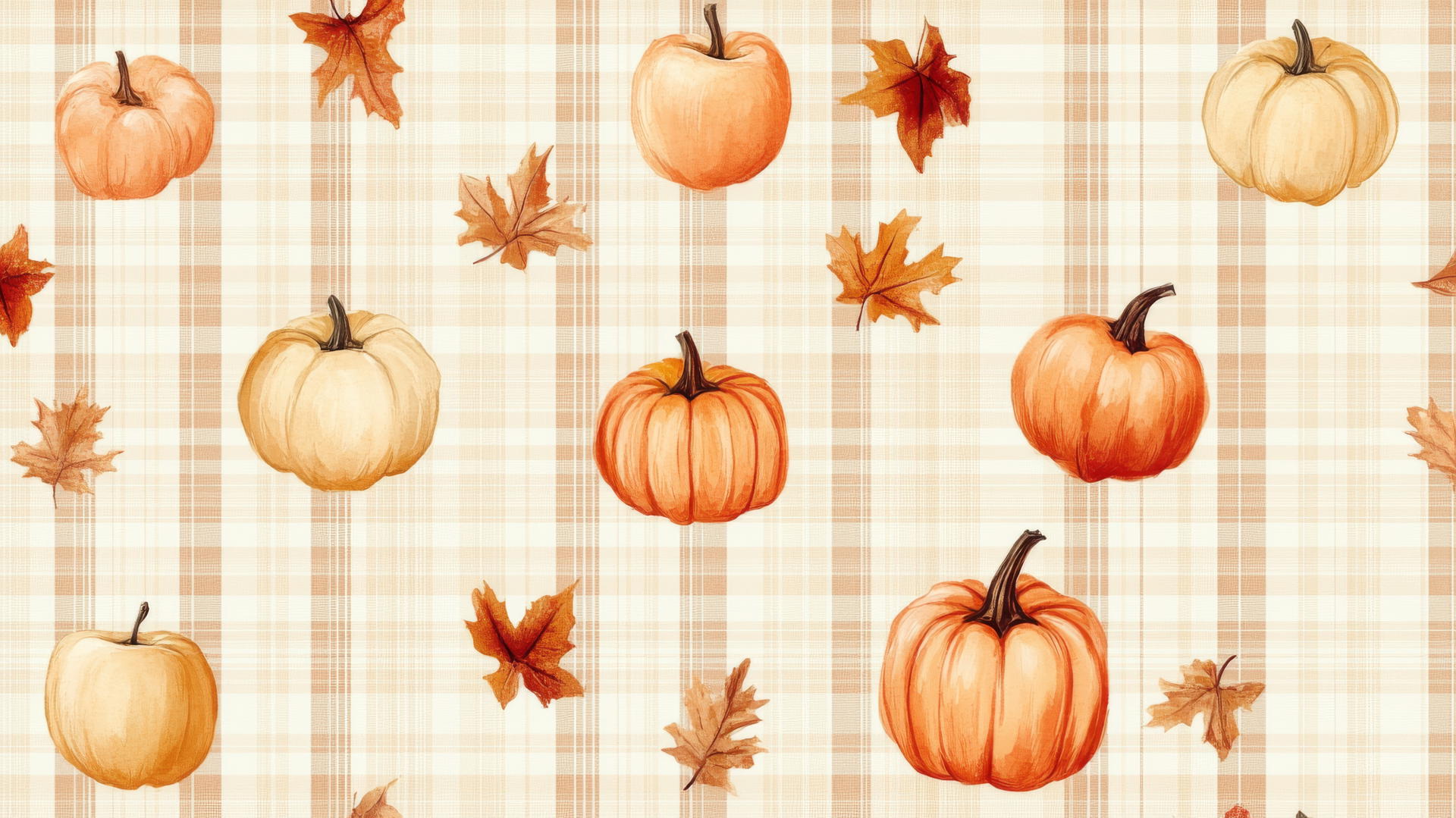 preppy fall wallpaper with autumn-themed plaid, apples, pumpkins, and leaves