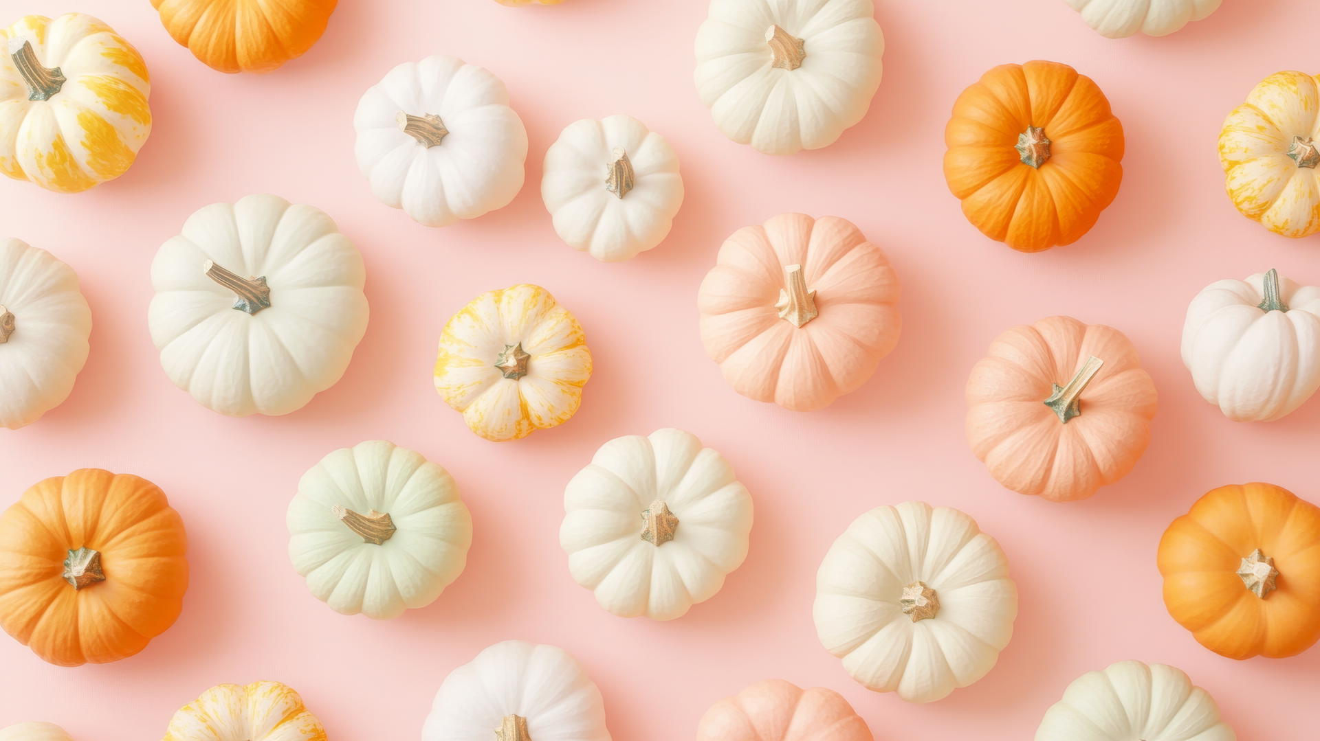 preppy fall wallpaper with pastel pumpkins and gourds on light pink background