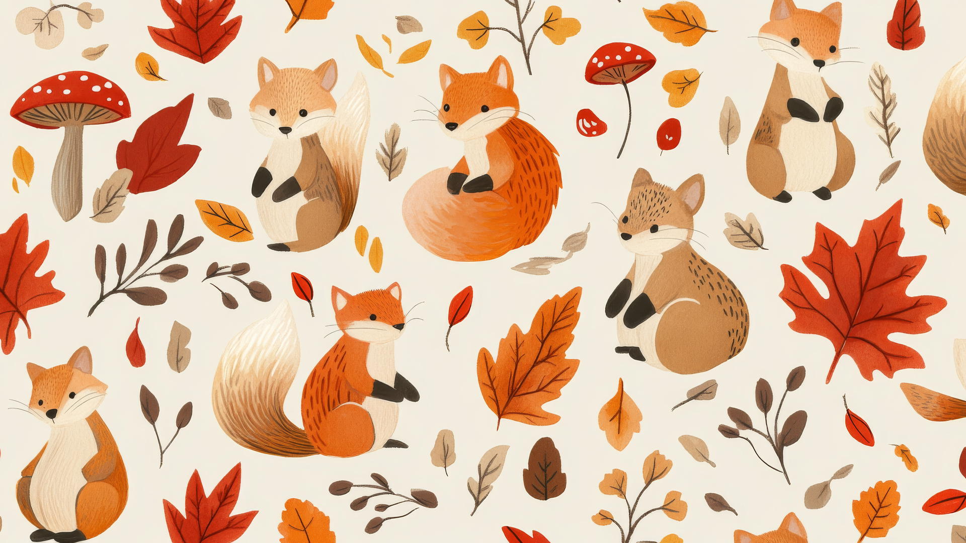 preppy fall wallpaper with cute foxes and squirrels, fall leaves, and mushrooms