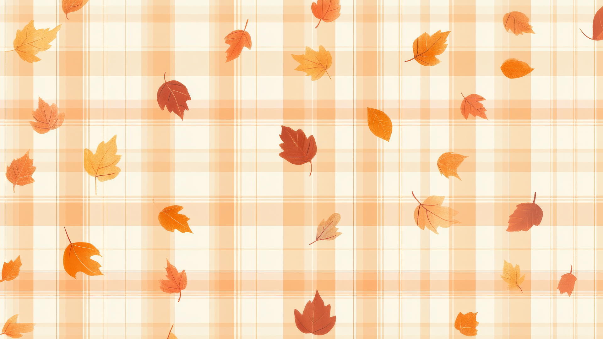 preppy fall wallpaper with warm-toned plaid and small autumn leaves scattered