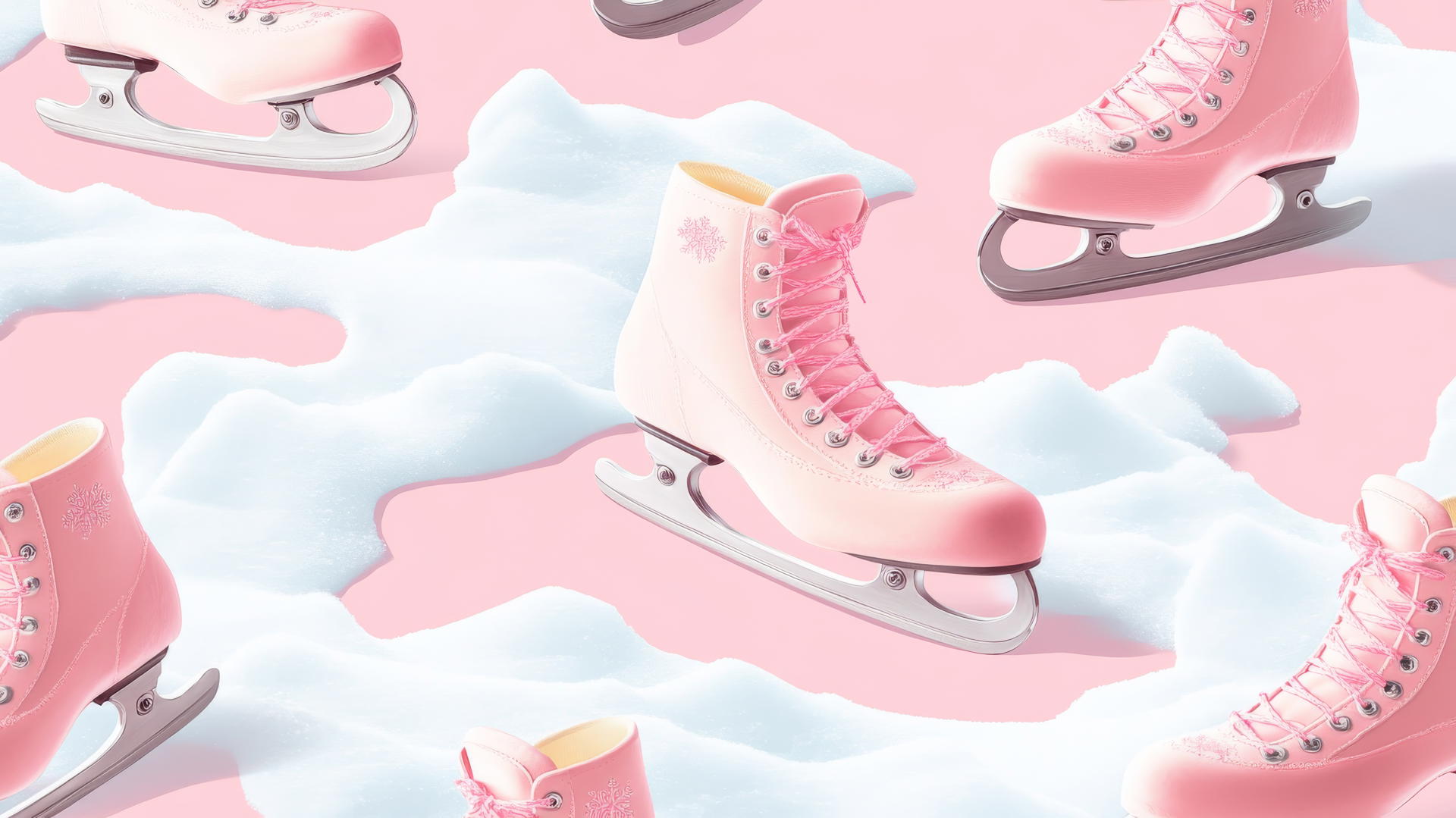 preppy winter wallpaper with vintage ice skates and pink laces on snowdrifts