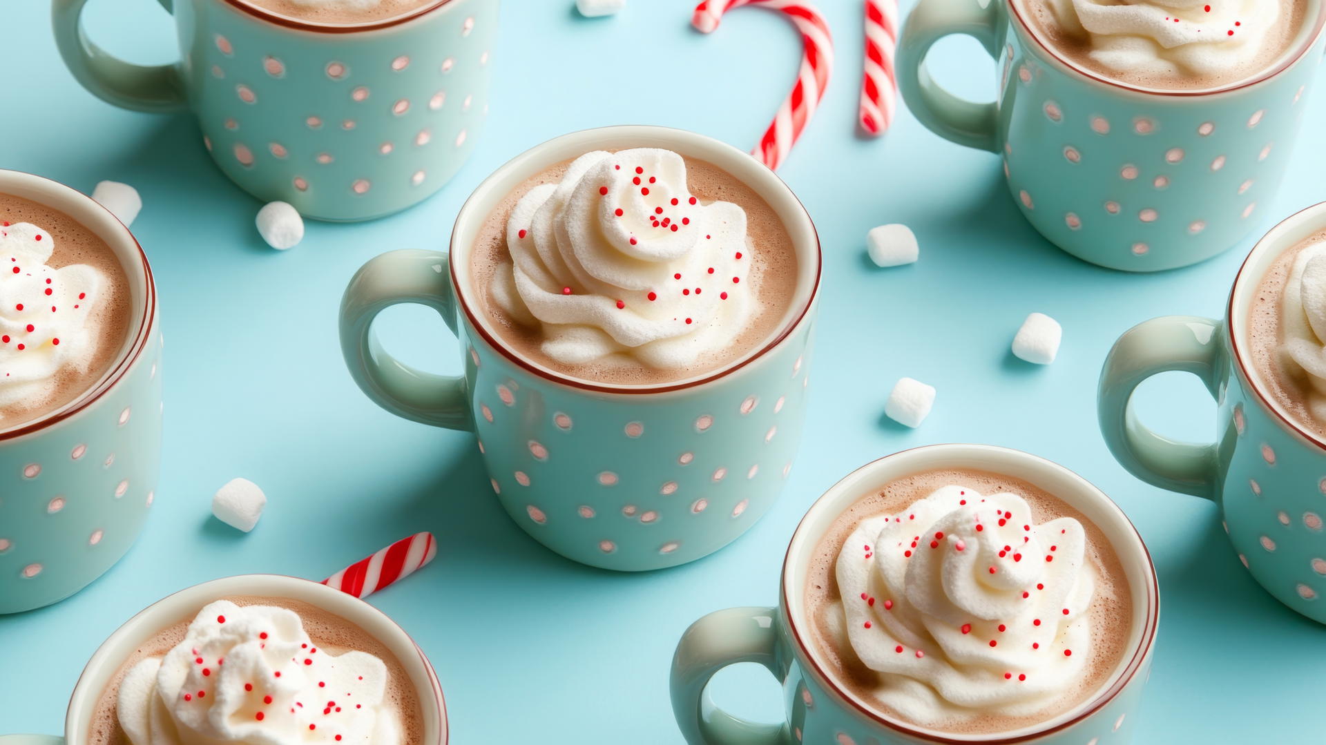 Preppy winter wallpaper with hot cocoa mugs and candy canes on pastel blue