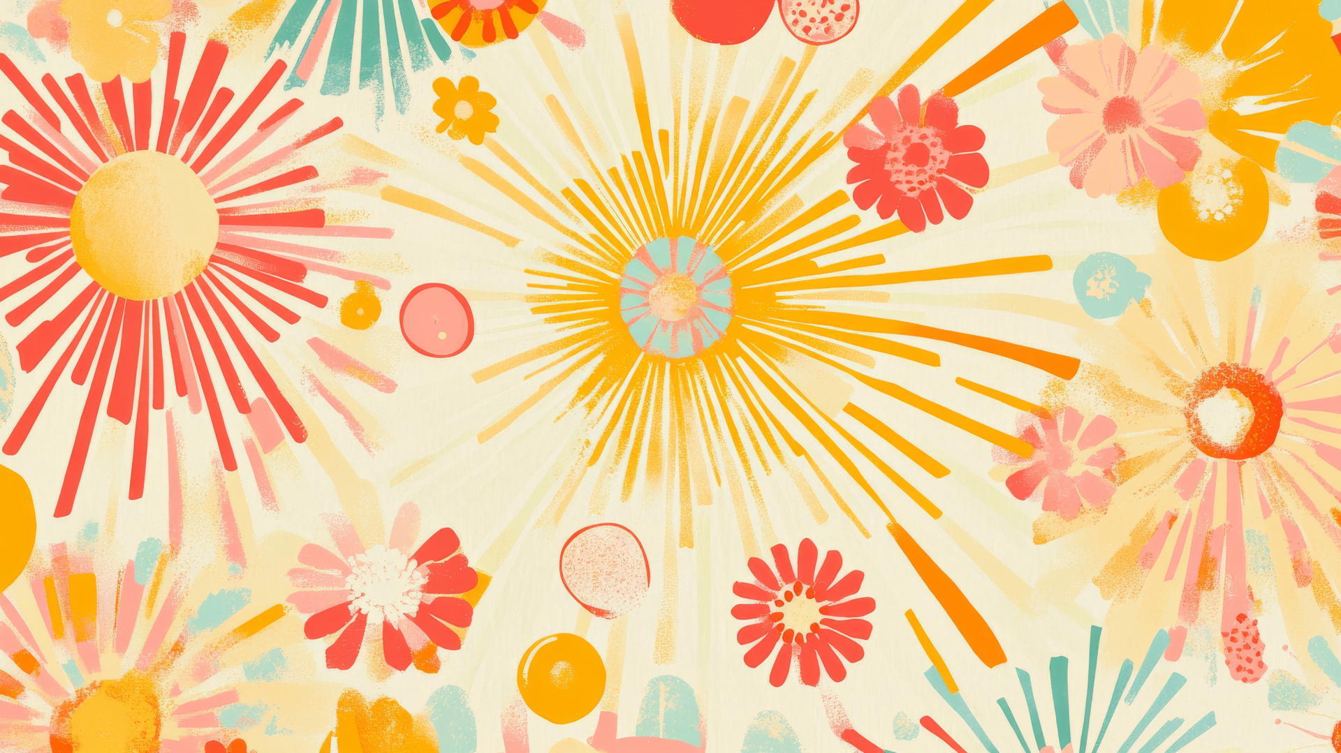 Preppy spring wallpaper with vibrant yellow, pink, and orange sunbursts and abstract flowers on a pastel background