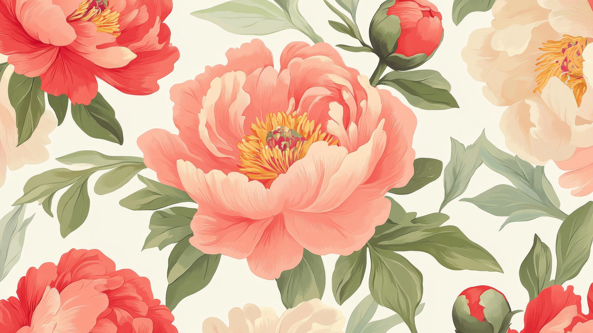 preppy spring wallpaper with large peonies in soft pinks and corals on a cream background