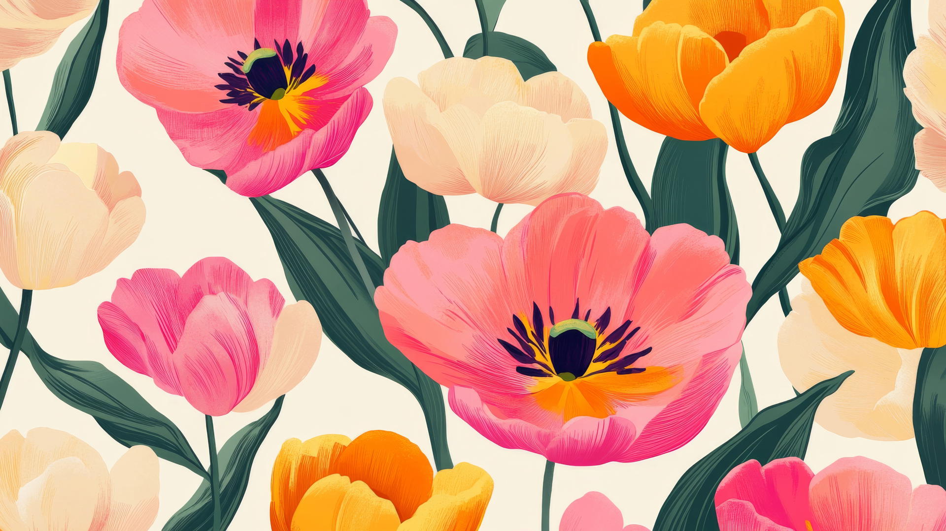 preppy spring wallpaper with retro-inspired bold tulips and peonies in vibrant colors