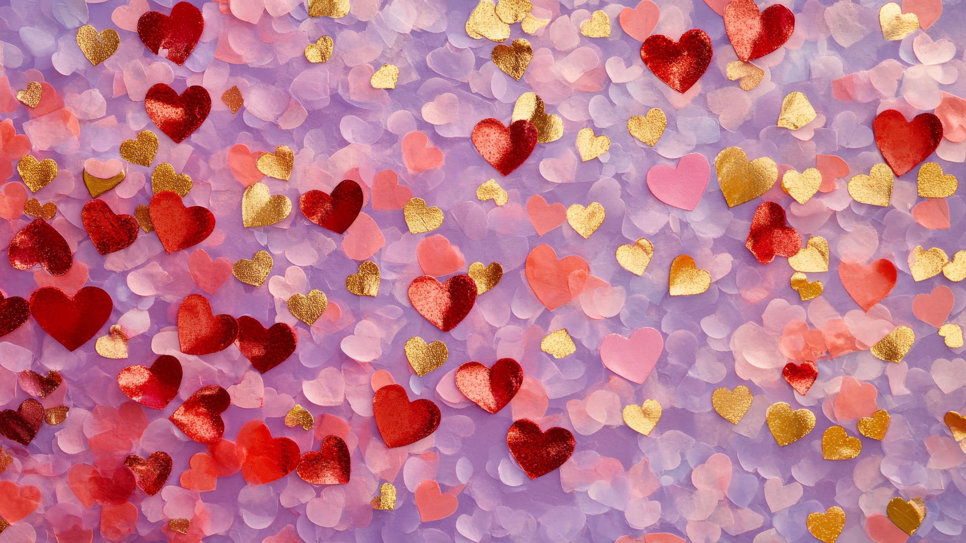 preppy valentines wallpaper with heart-shaped confetti in pink, red, and gold on pastel purple