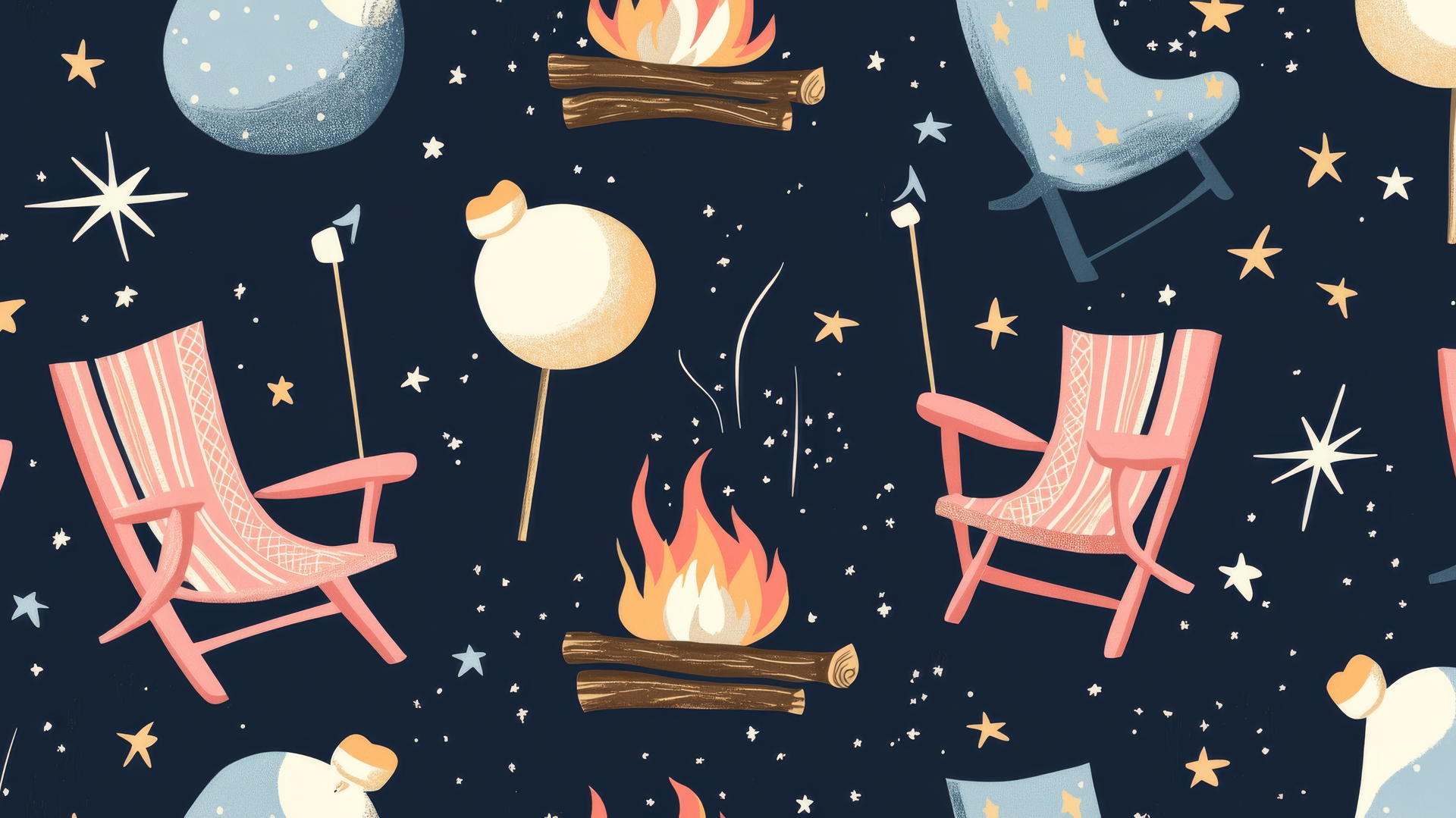 preppy beach wallpaper with bonfires, marshmallows, and beach chairs under a starry night sky