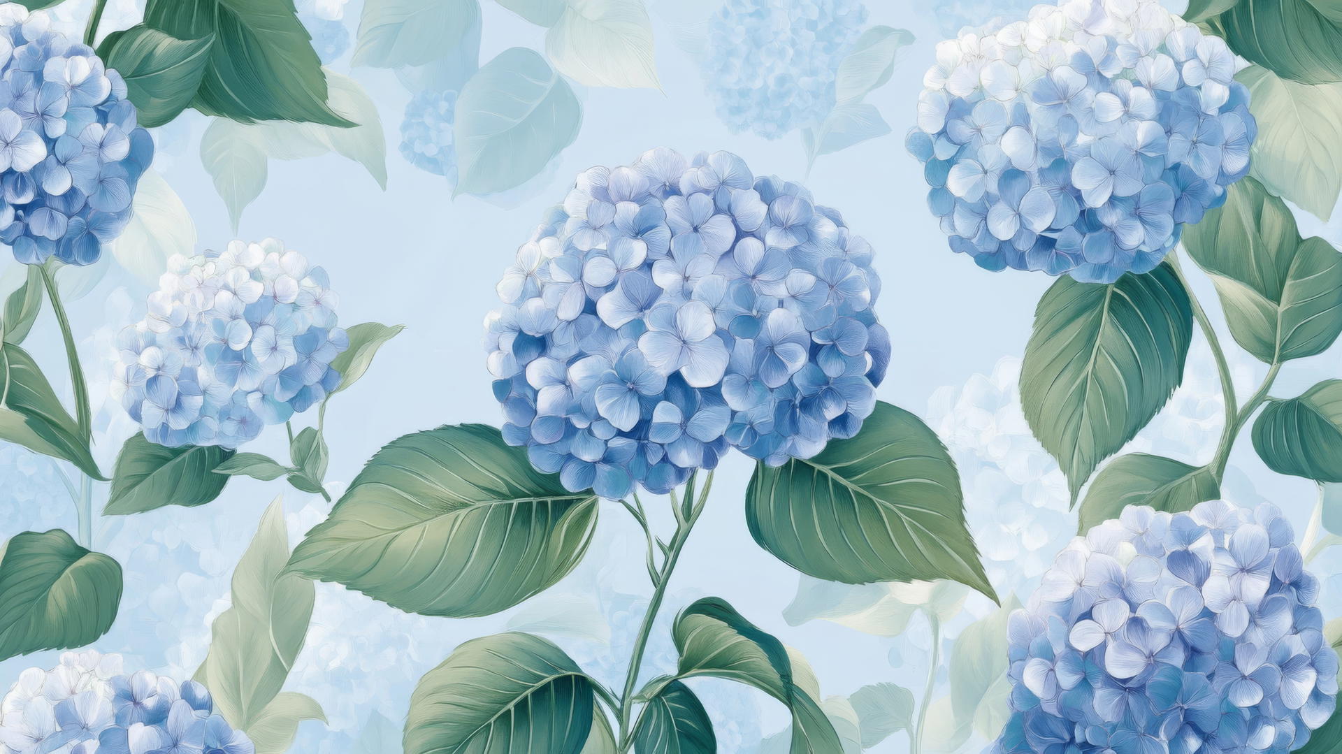 preppy blue wallpaper with hand-drawn blue hydrangeas and delicate green leaves on a soft blue background