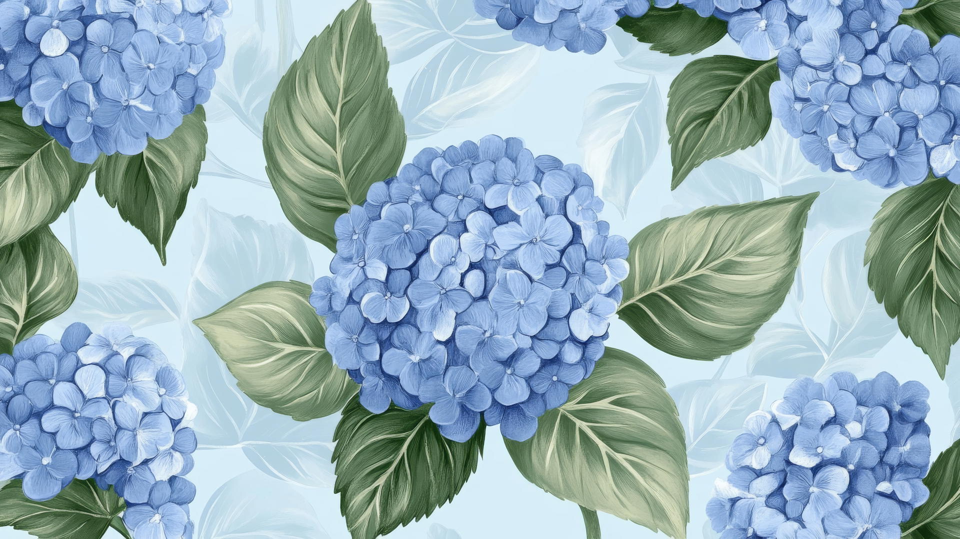 preppy blue wallpaper with hand-drawn blue hydrangeas and delicate green leaves
