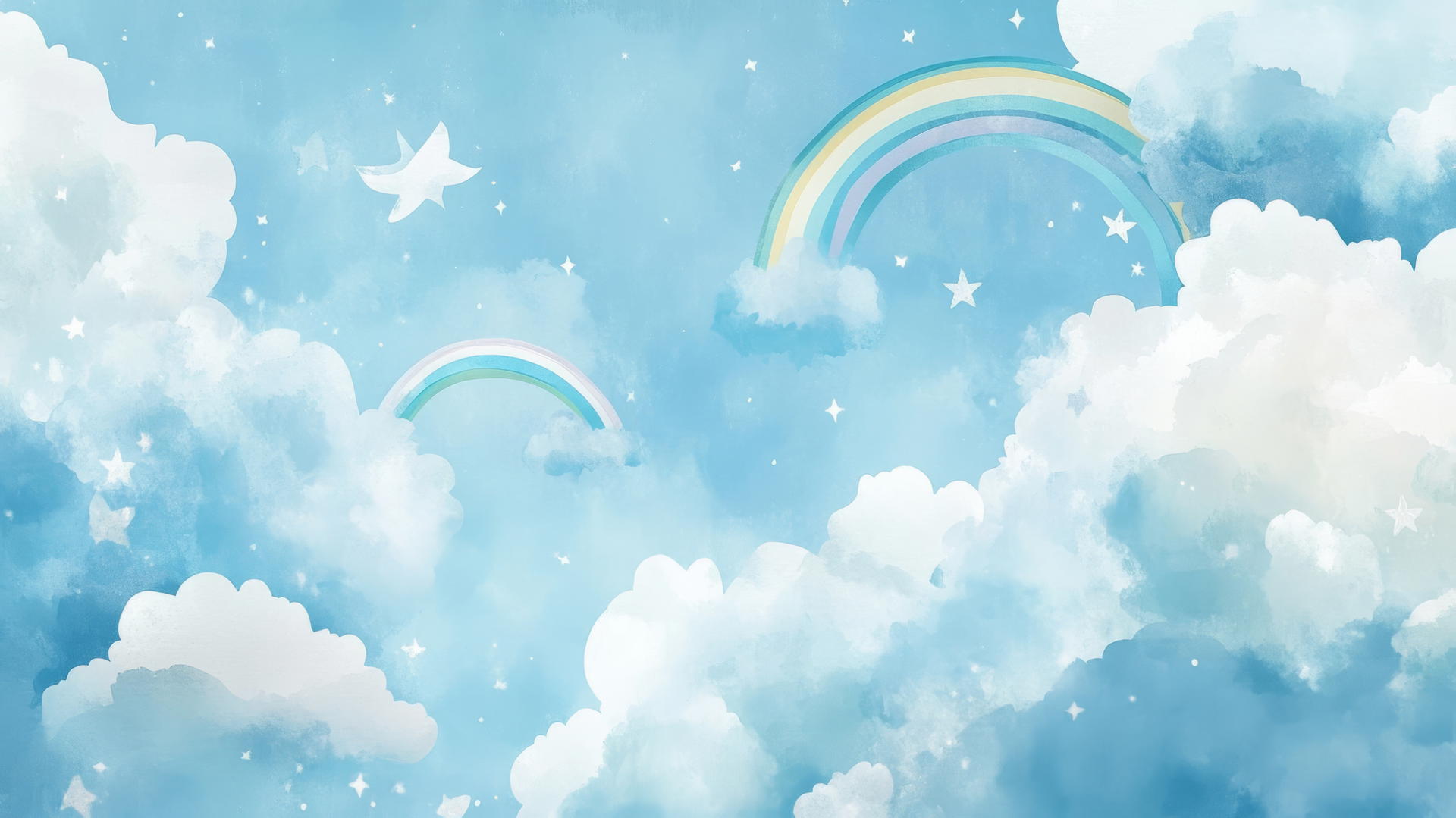 dreamy preppy blue wallpaper with watercolor clouds, pastel blue rainbows, and white stars