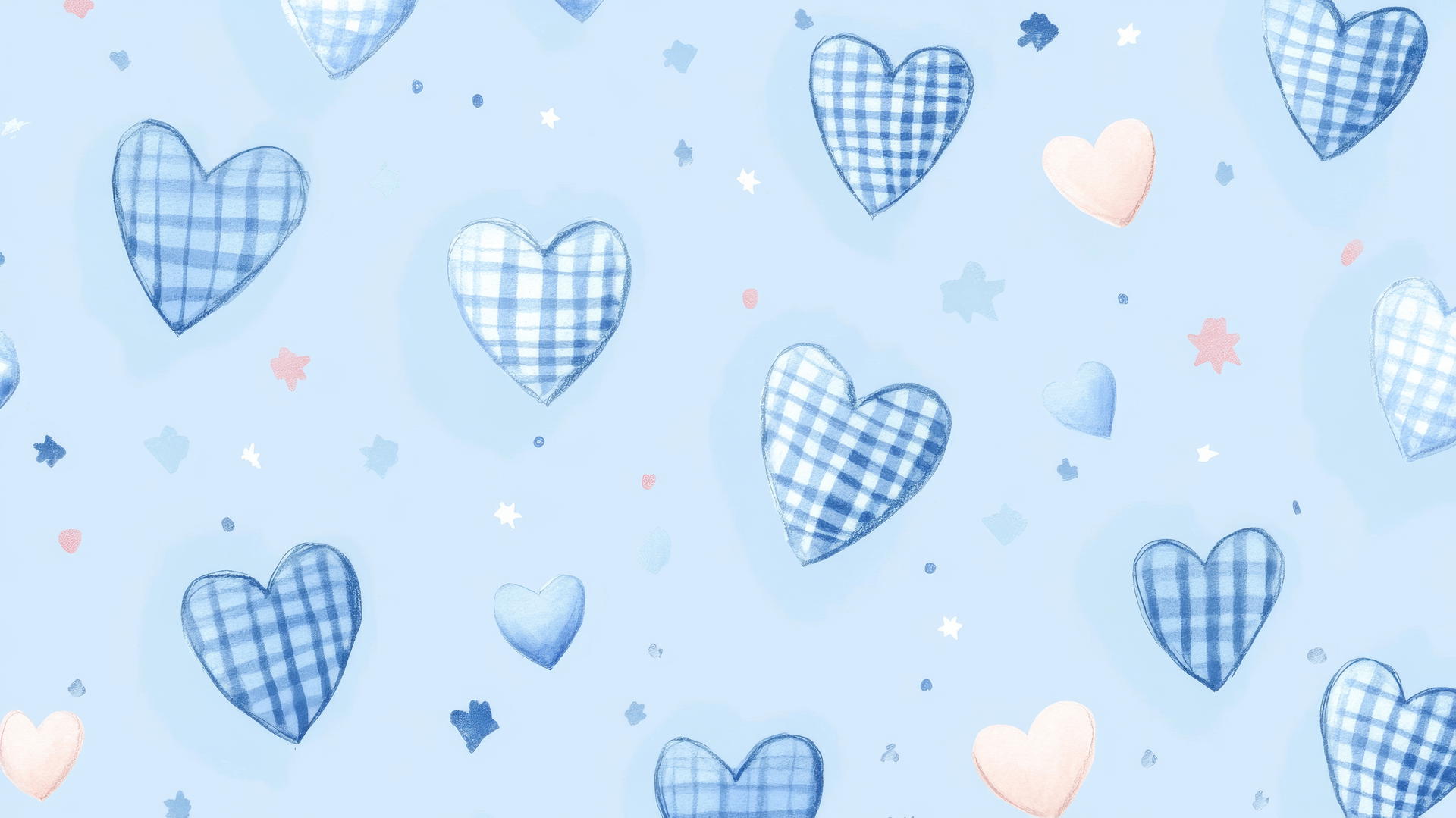 preppy blue wallpaper with checkered hearts and pastel pink stars