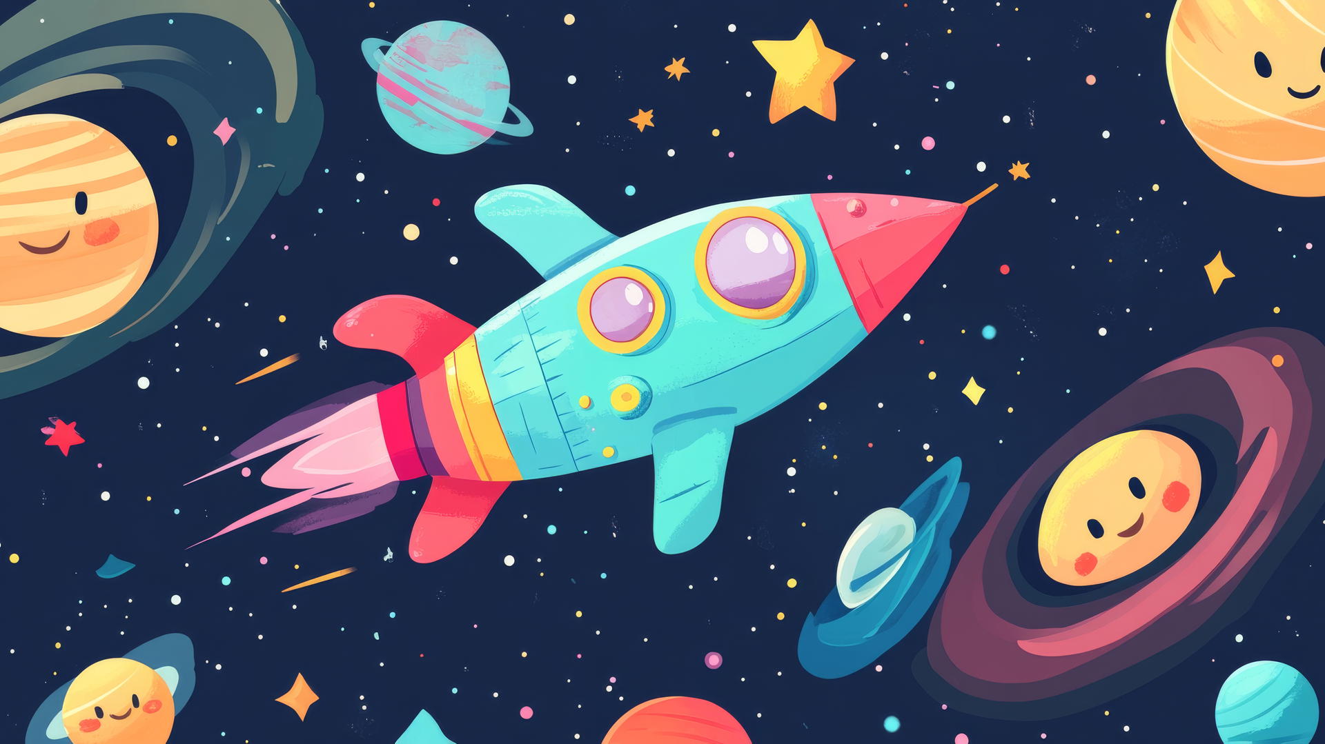 cute wallpaper for girls with a cartoon spaceship in space with smiling stars