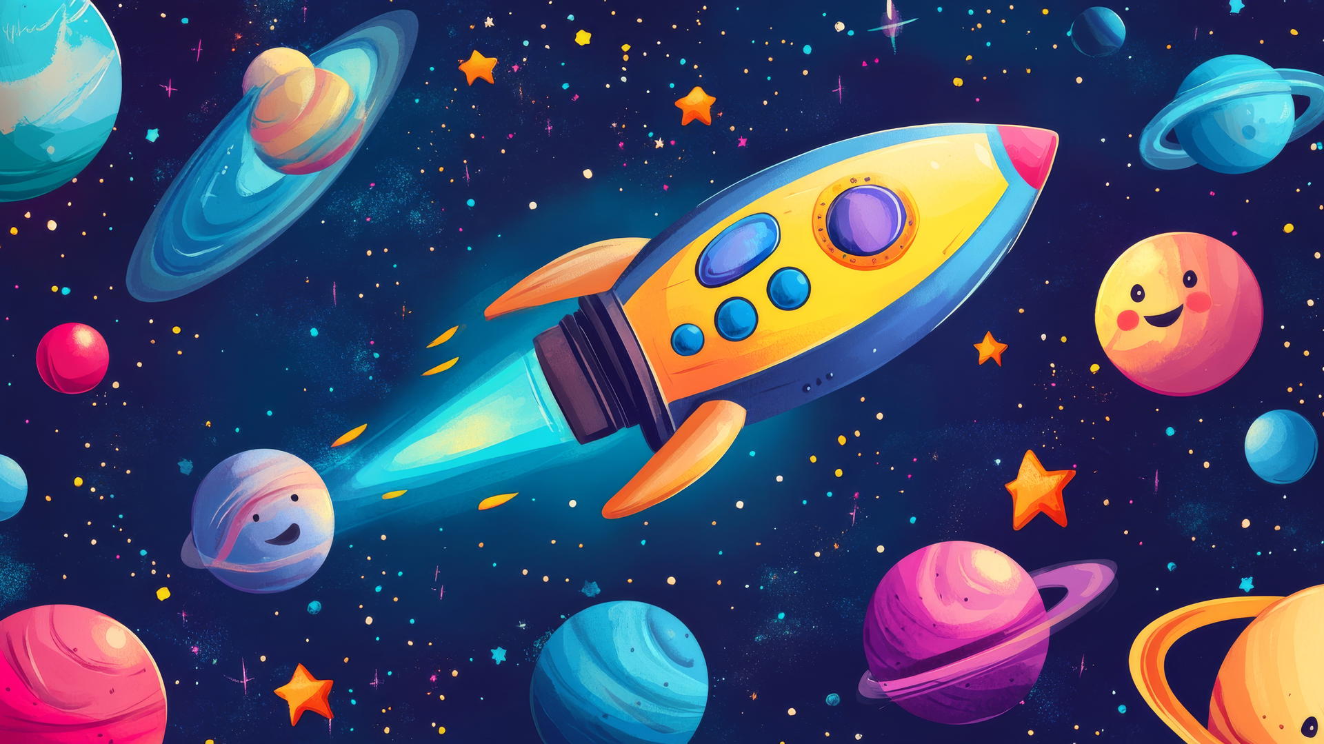 cute wallpaper of a cartoon spaceship with smiling stars, planets, and comets