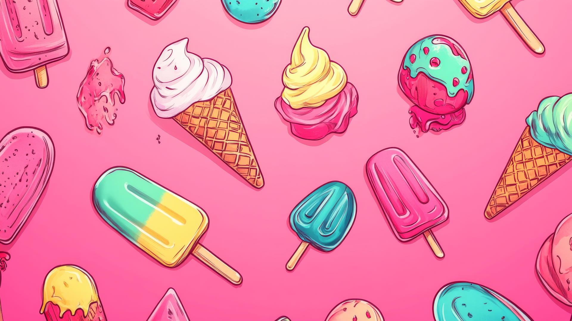 cute hot pink wallpaper with doodle-style ice cream cones and popsicles