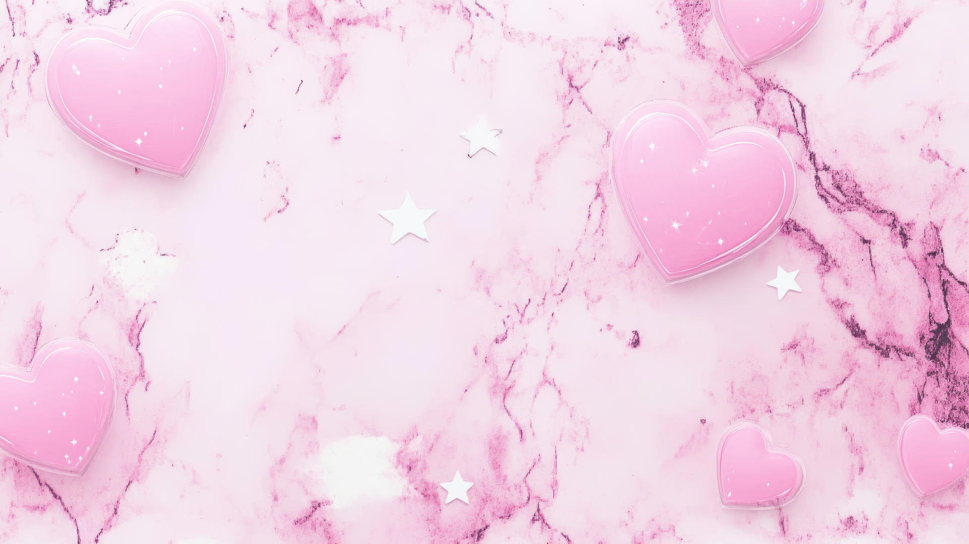 Cute pink aesthetic wallpaper with marble texture, hearts, and stars