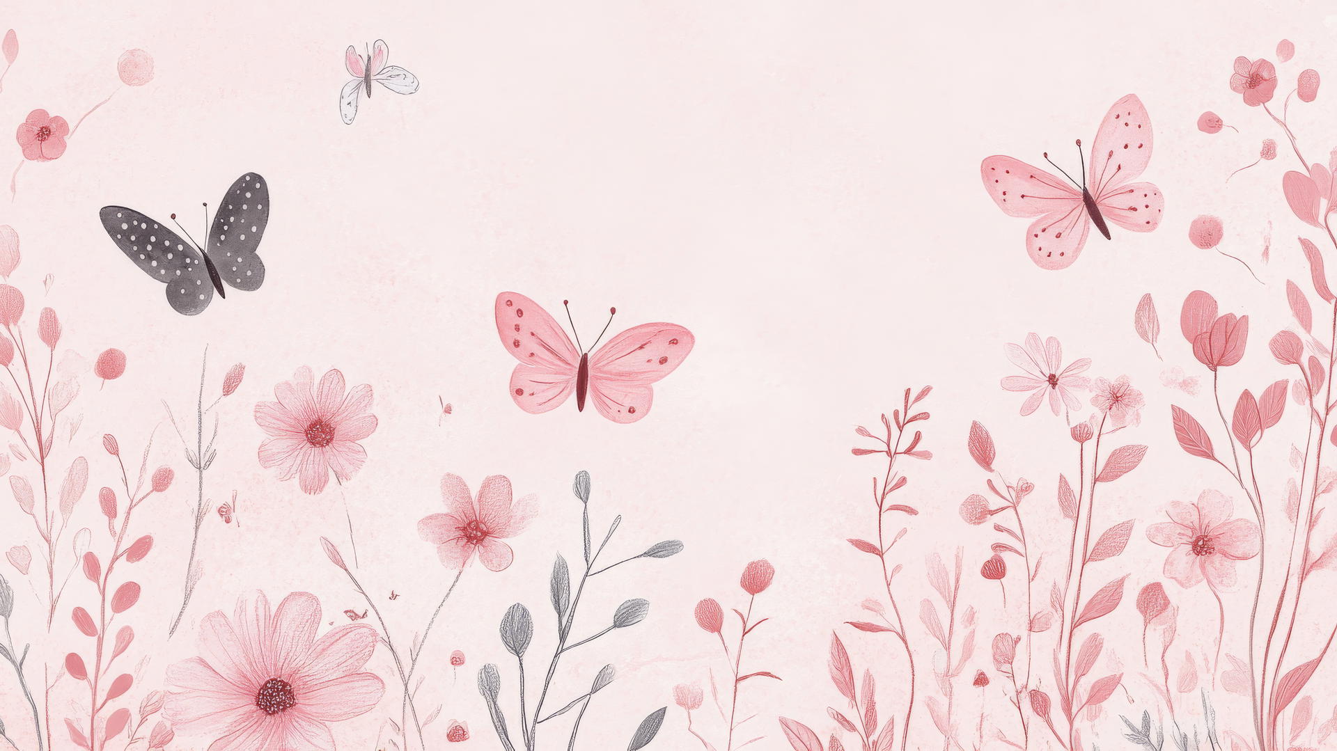 cute pink wallpaper with hand-drawn flowers and butterflies