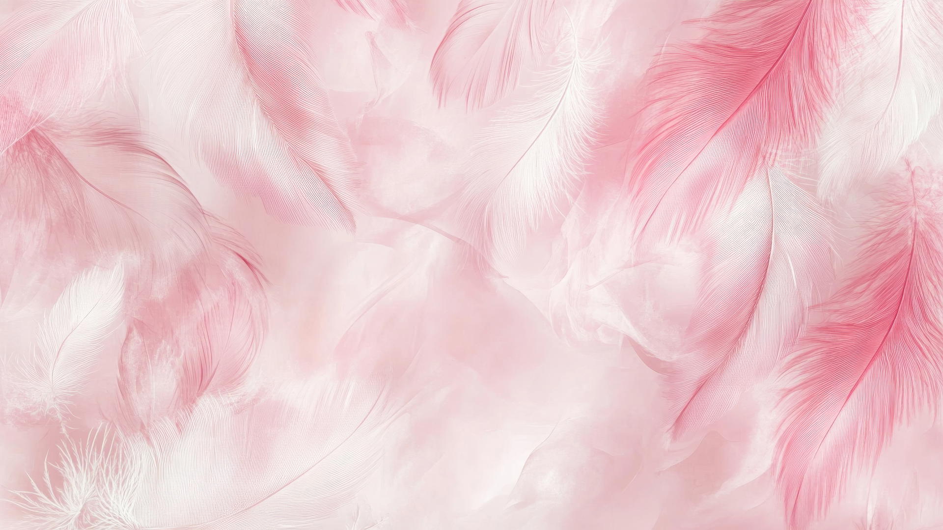 Light pink wallpaper with hand-drawn feathers on a soft pastel background
