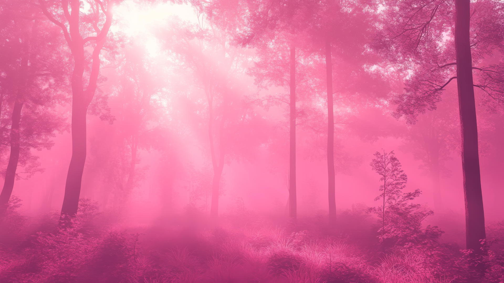 dreamy pink-hued forest with mist around tall trees, pink wallpaper aesthetic