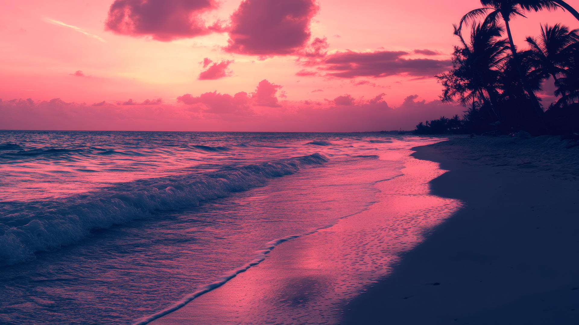 Serene beach at sunset with pink sky, waves, and silhouetted palm trees. pink aesthetic wallpaper