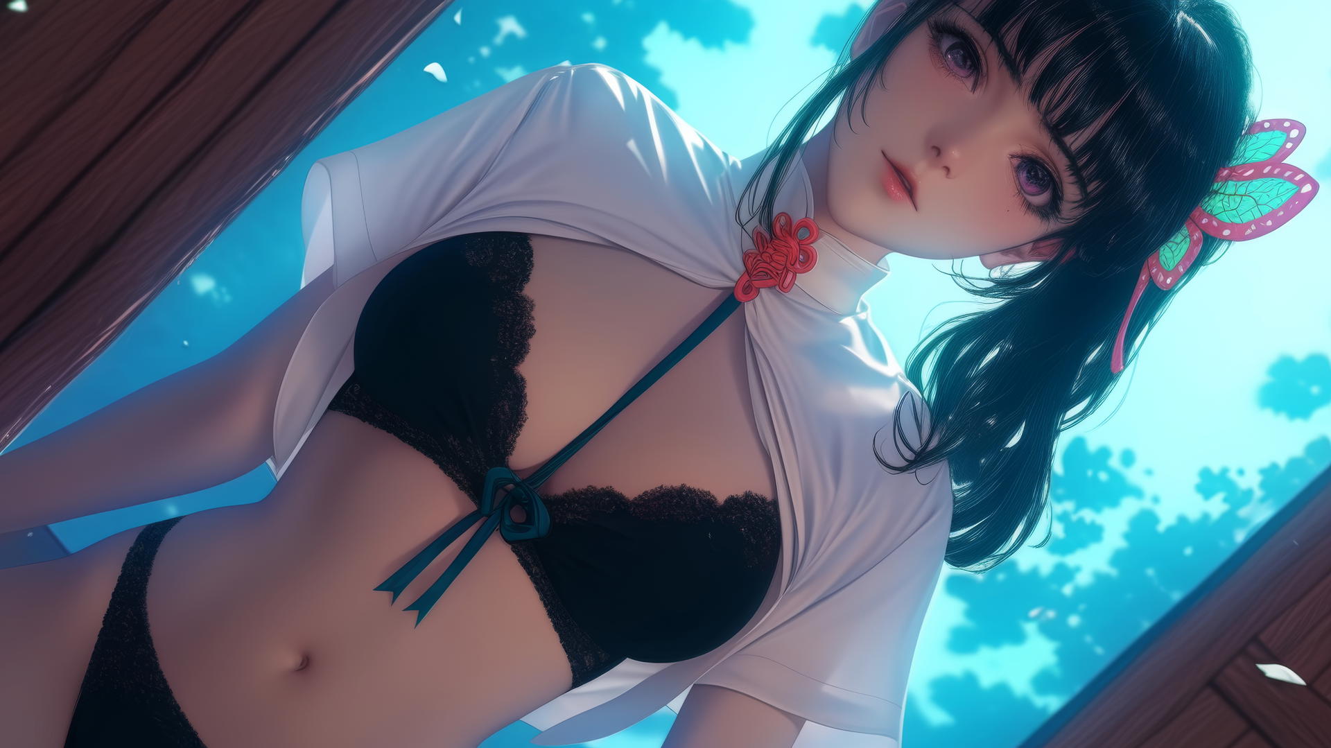 Kanao Tsuyuri from Demon Slayer, kneeling, wearing office shirt, seen from below, ceiling background, soft warm light.