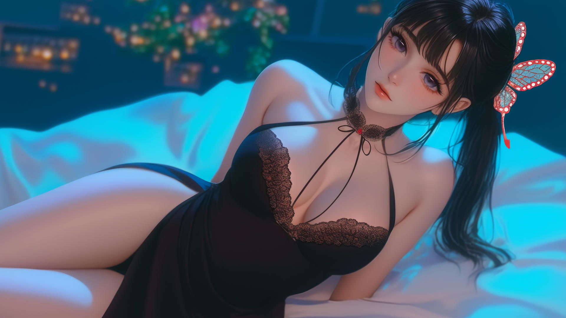 Kanao Tsuyuri from Demon Slayer relaxing in a modern apartment, warm light highlighting her figure.