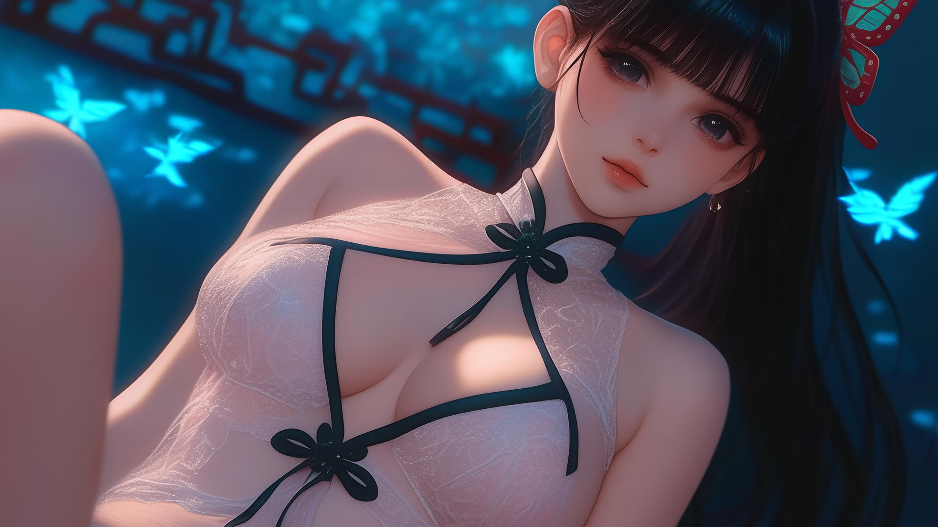 Kanao Tsuyuri kneeling with soft light highlighting her figure, featuring a pink and green butterfly hair ornament.