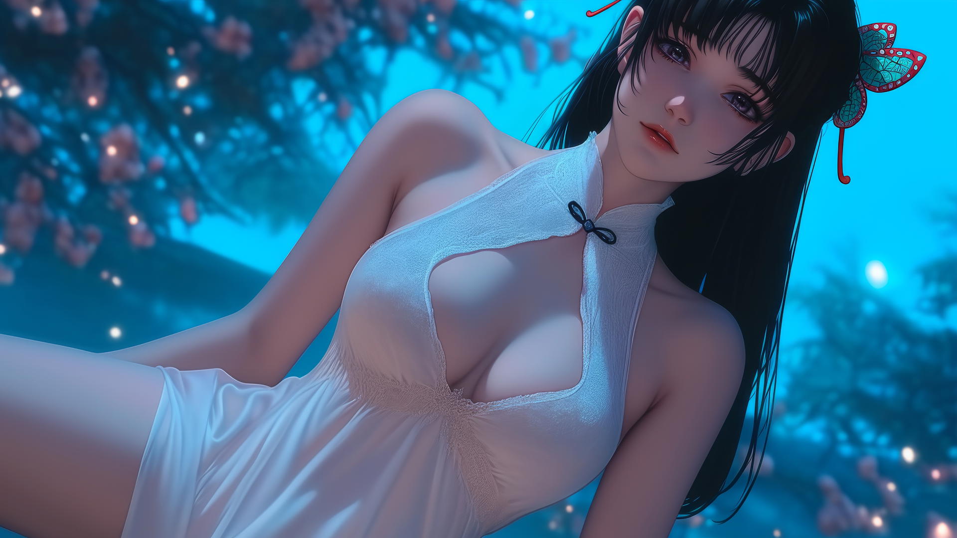 Kanao Tsuyuri from Demon Slayer kneeling, warm light highlights her figure.