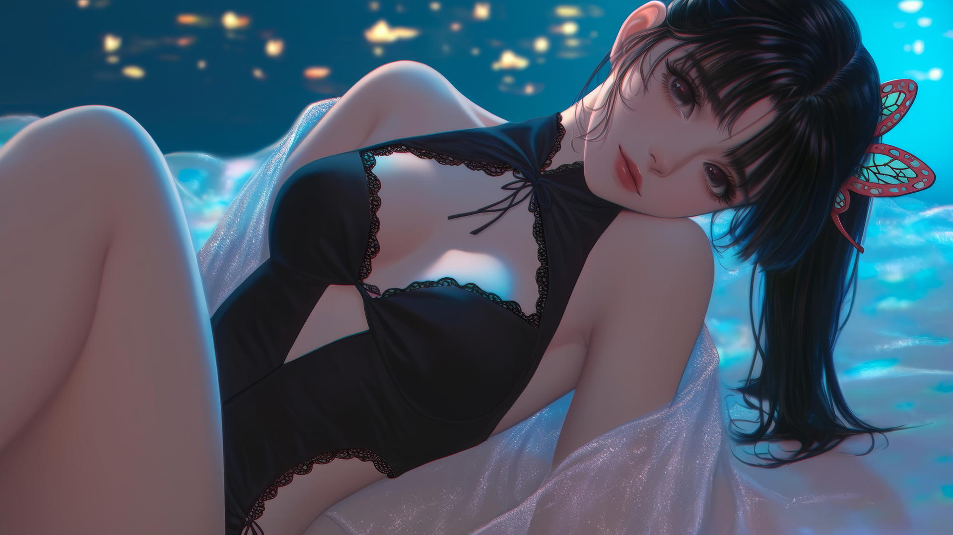 Kanao Tsuyuri from Demon Slayer, seen from below, with warm light highlighting her figure.