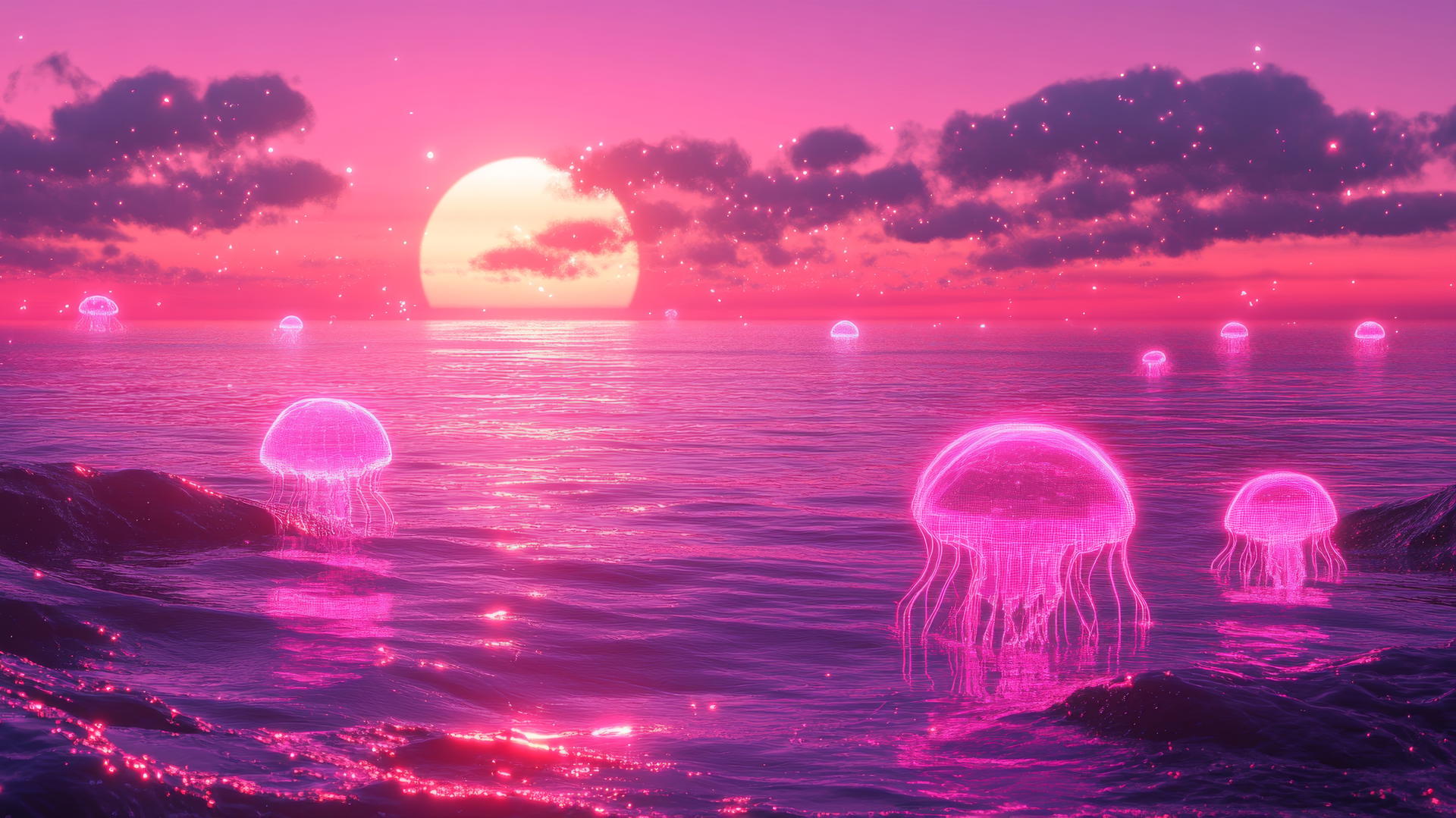 pink Y2K wallpaper of neon pink waves with pixelated jellyfish under a pink digital sunset
