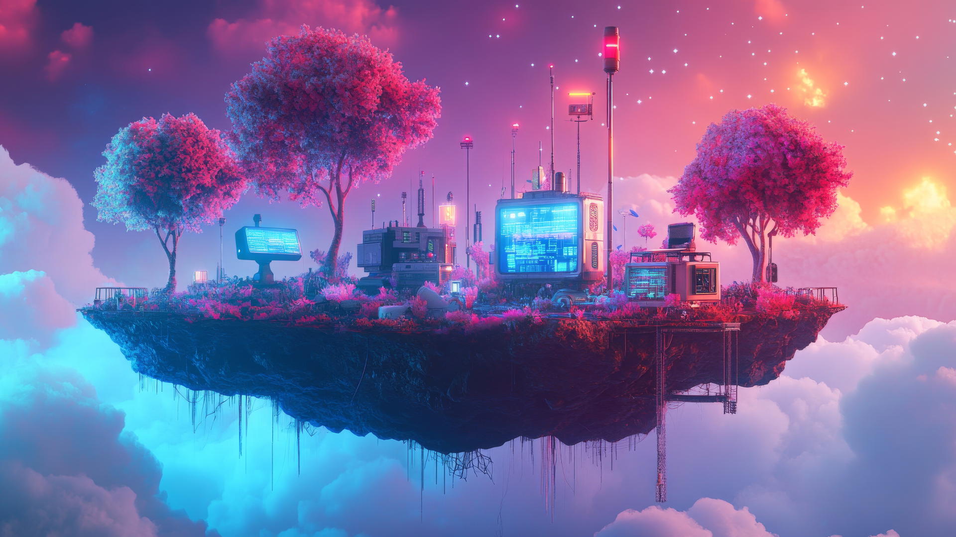 Y2K aesthetic wallpaper with a floating digital island, retro tech gadgets, and neon trees