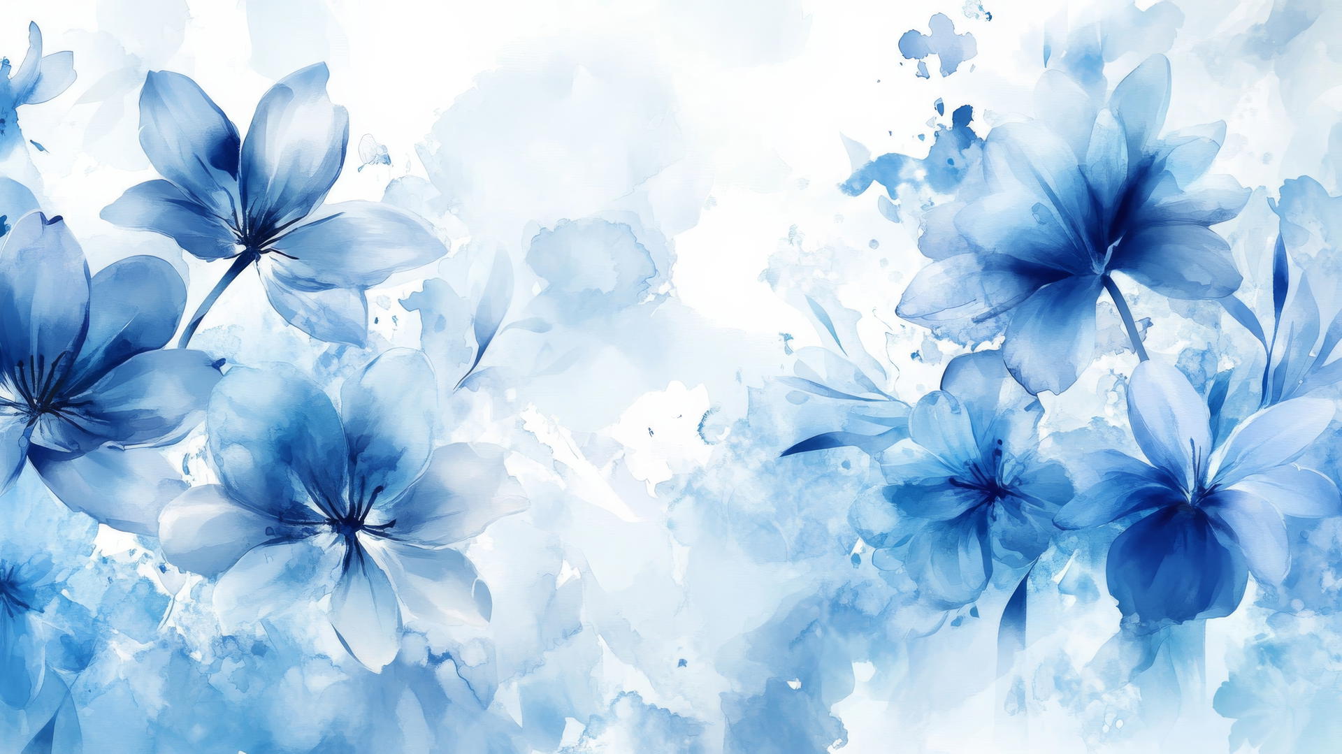 blue flower wallpaper with watercolor splash of tulips, lilies, and irises