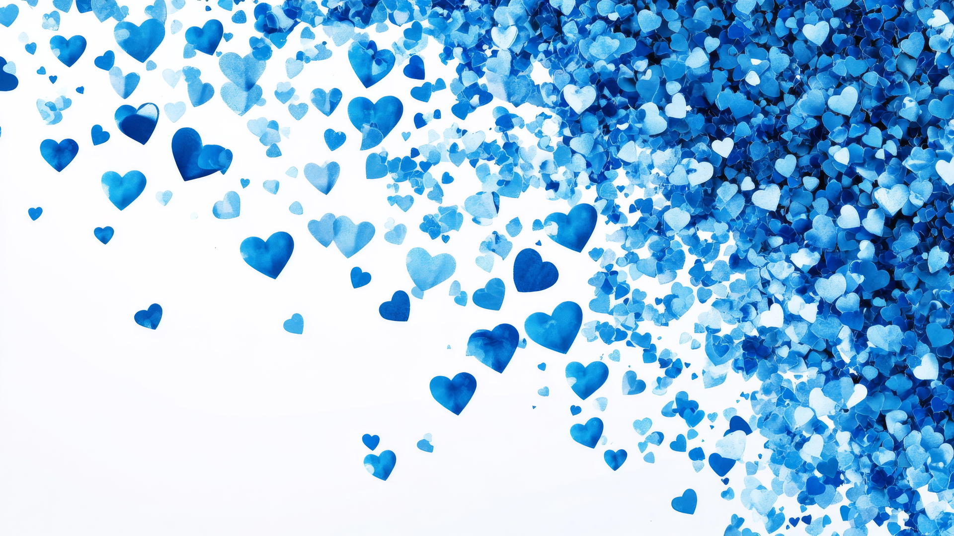 Explosion of blue heart confetti against a white background